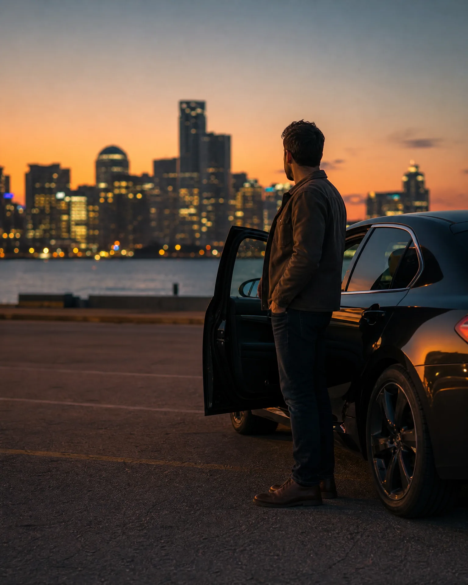 A man in a jacket and jeans stands beside a dark sedan with its door open in an empty parking lot, looking toward a city skyline across water at sunset.
