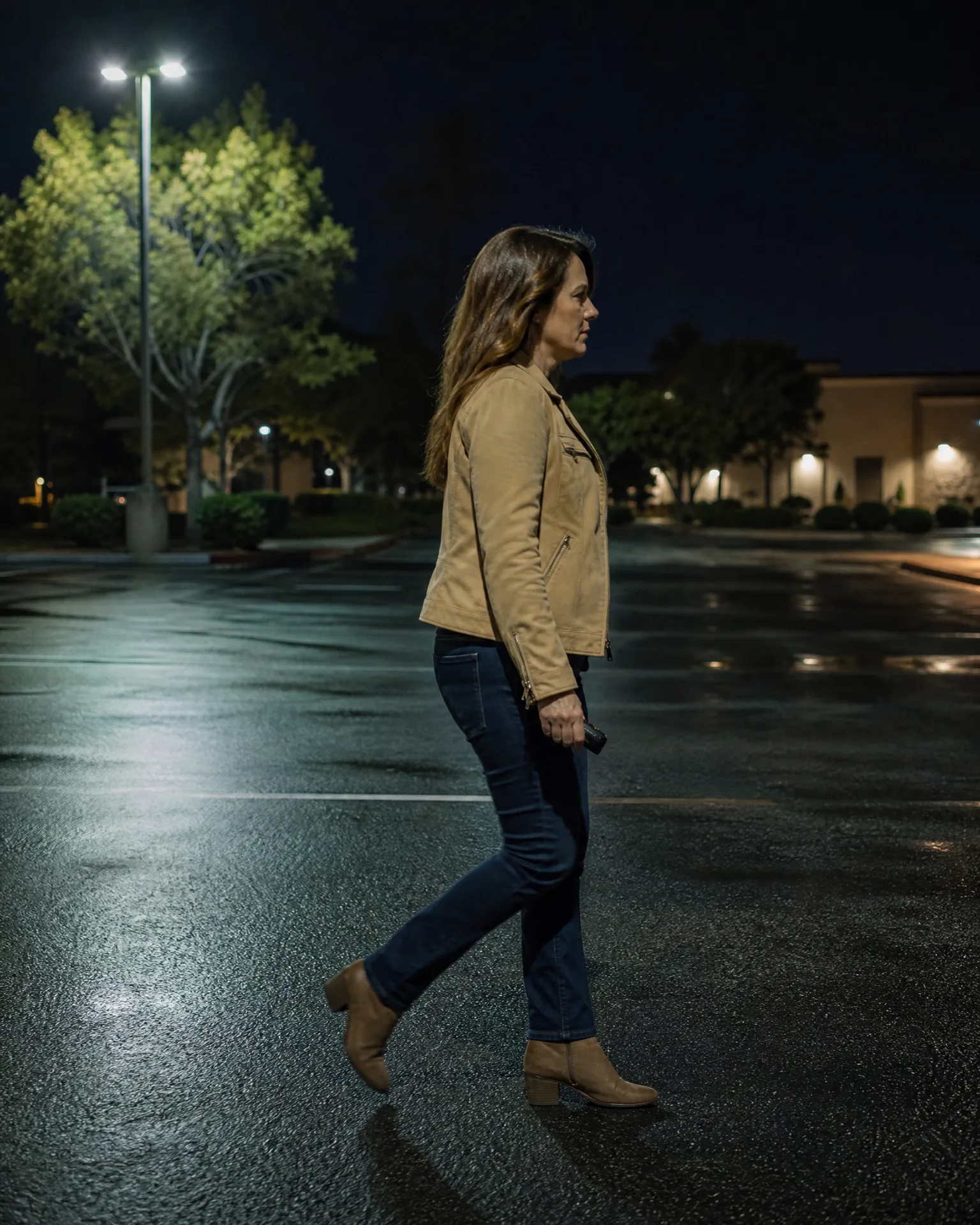 A woman in a tan jacket, jeans and ankle boots walks across a wet empty parking lot at night, with a lit light pole, trees and a low building behind her.