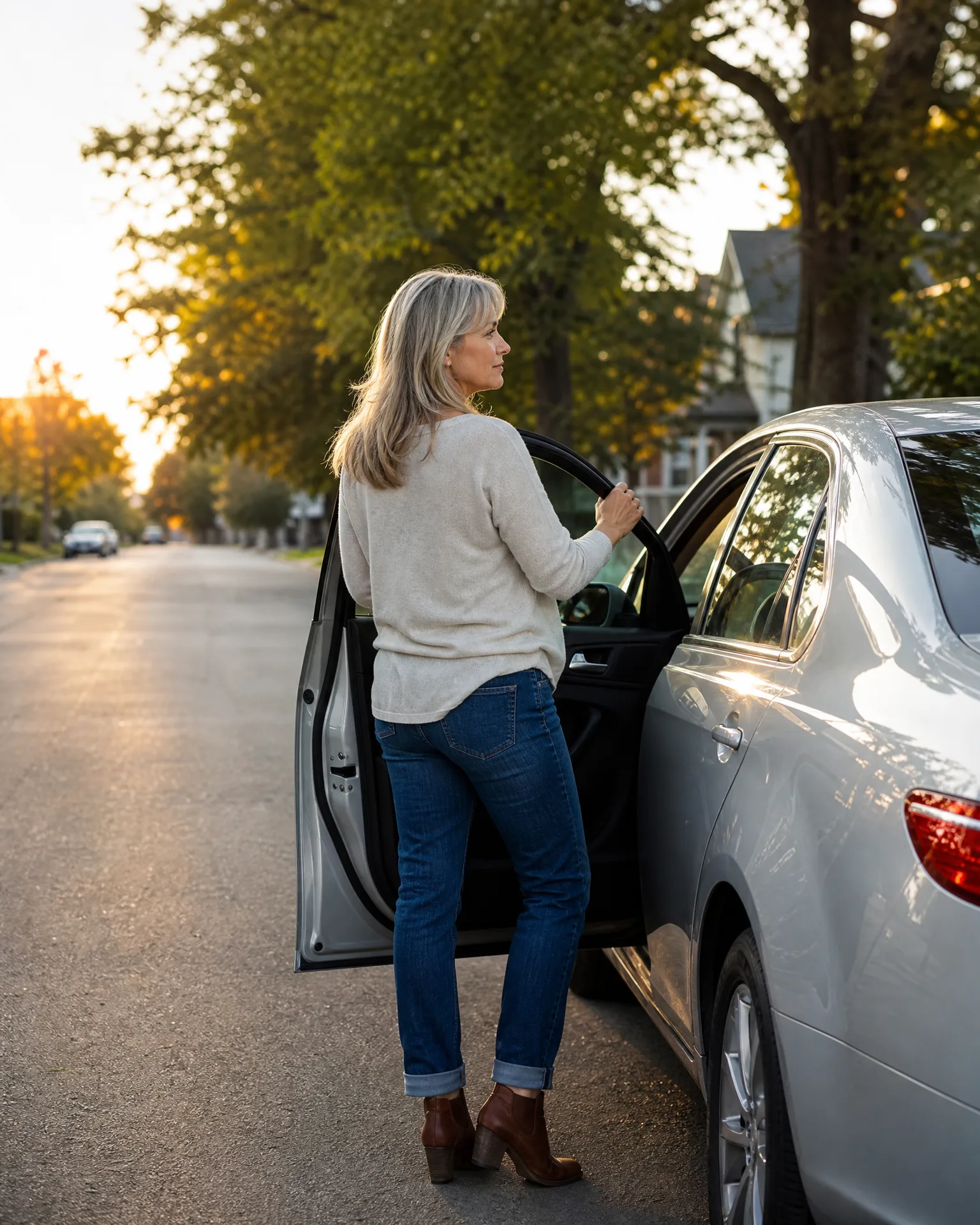 A woman with long grey-blonde hair in a cream sweater, jeans and brown ankle boots stands beside an open door of a silver sedan on a tree-lined residential street in low sunlight.