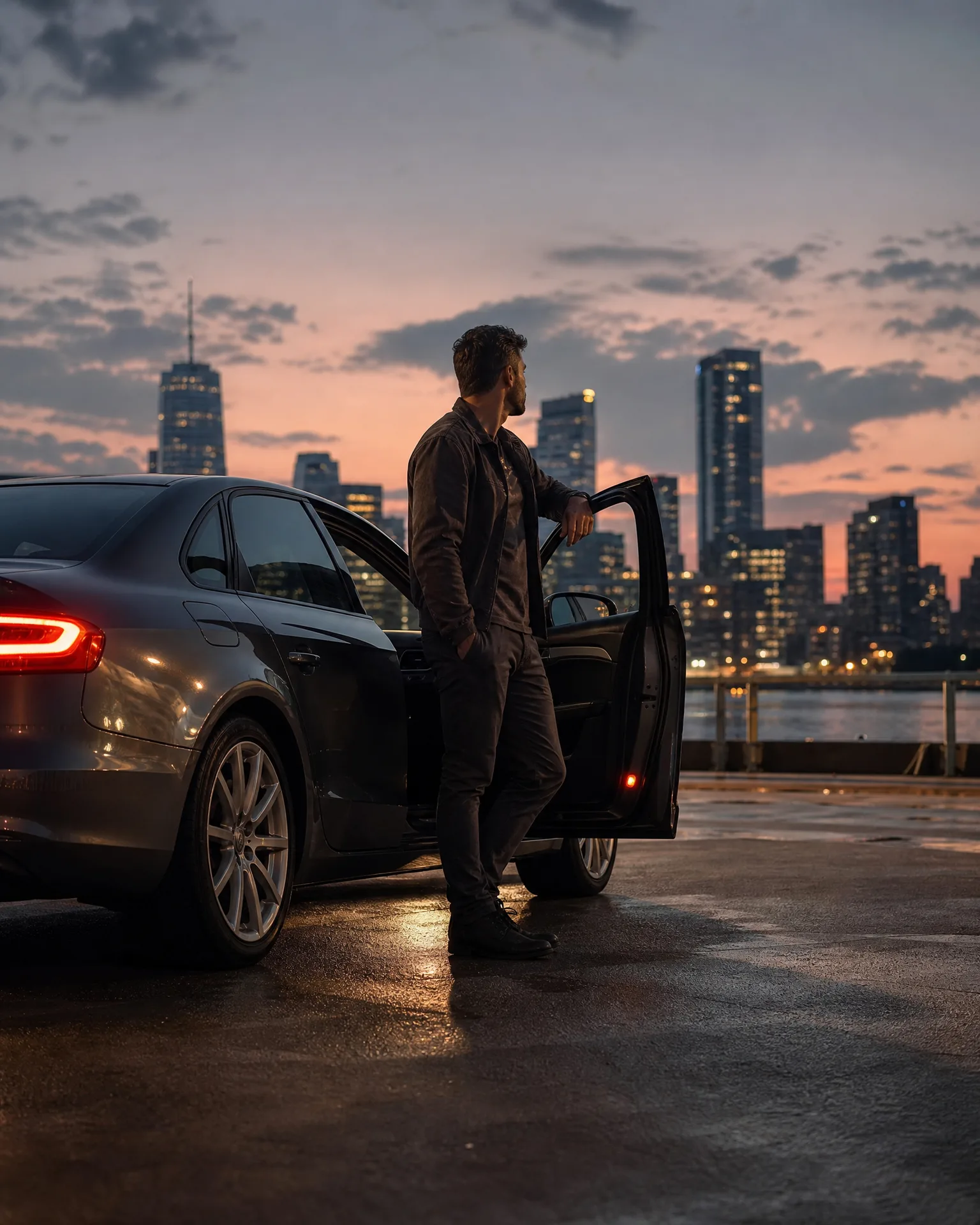 A man in a dark jacket stands beside a sedan with its rear door open on a wet paved waterfront lot, with a city skyline at dusk behind him.
