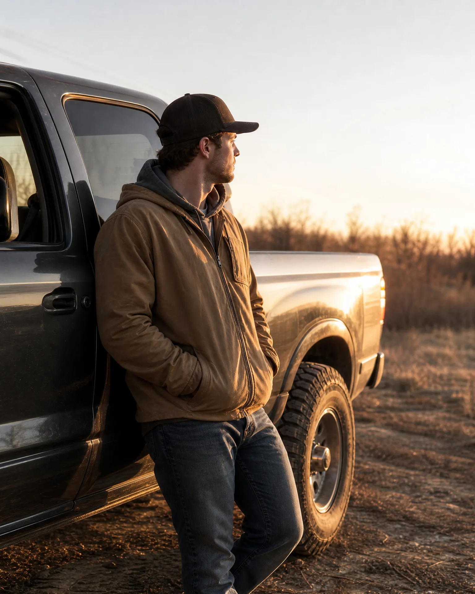 A man in a brown hooded jacket, dark cap and jeans leans against the side of a pickup truck in a dry field at low sun.