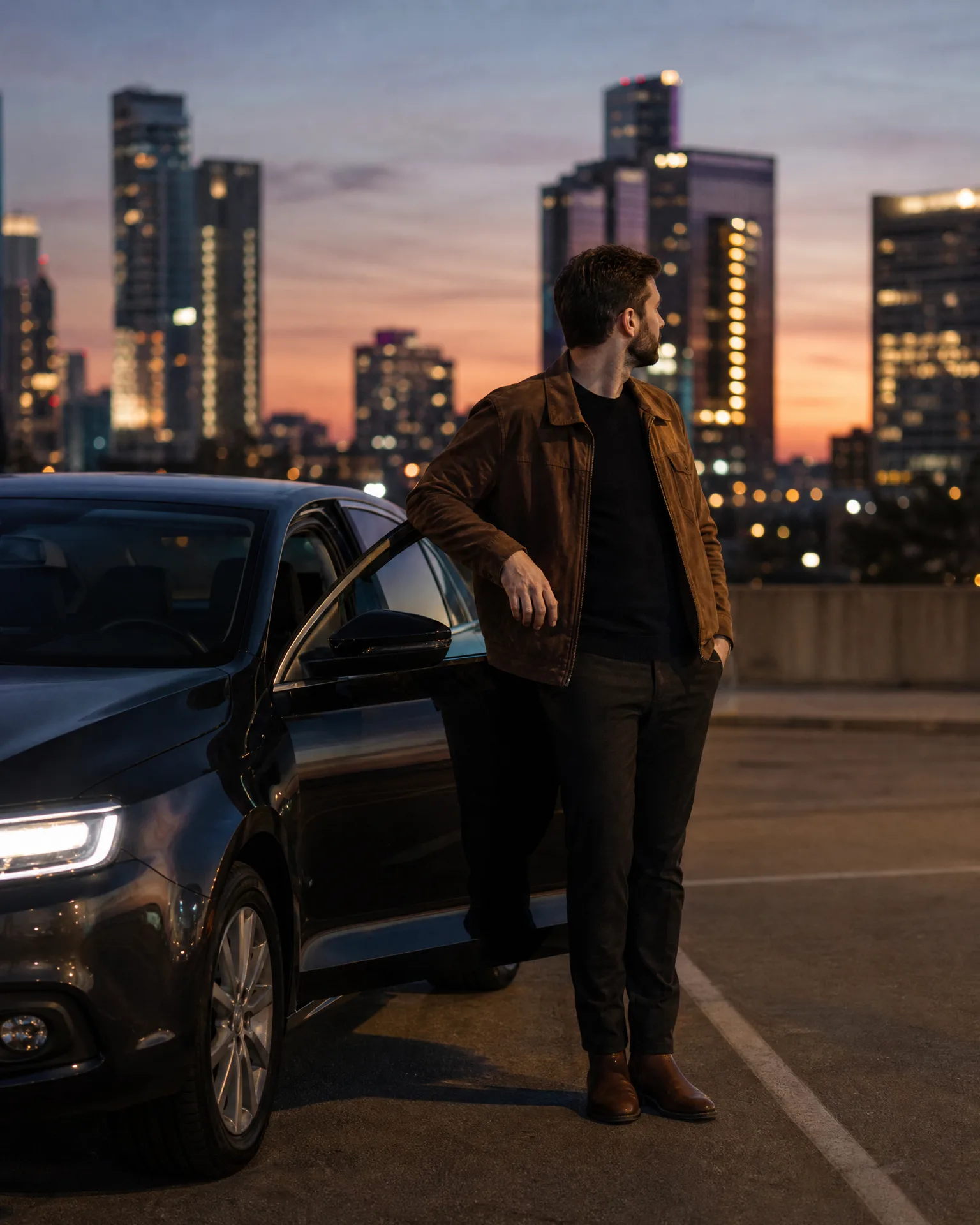 A man in a brown suede jacket, dark shirt, dark trousers and brown boots leans against the open door of a dark sedan on a rooftop parking deck, with a blurred city skyline at dusk behind him.