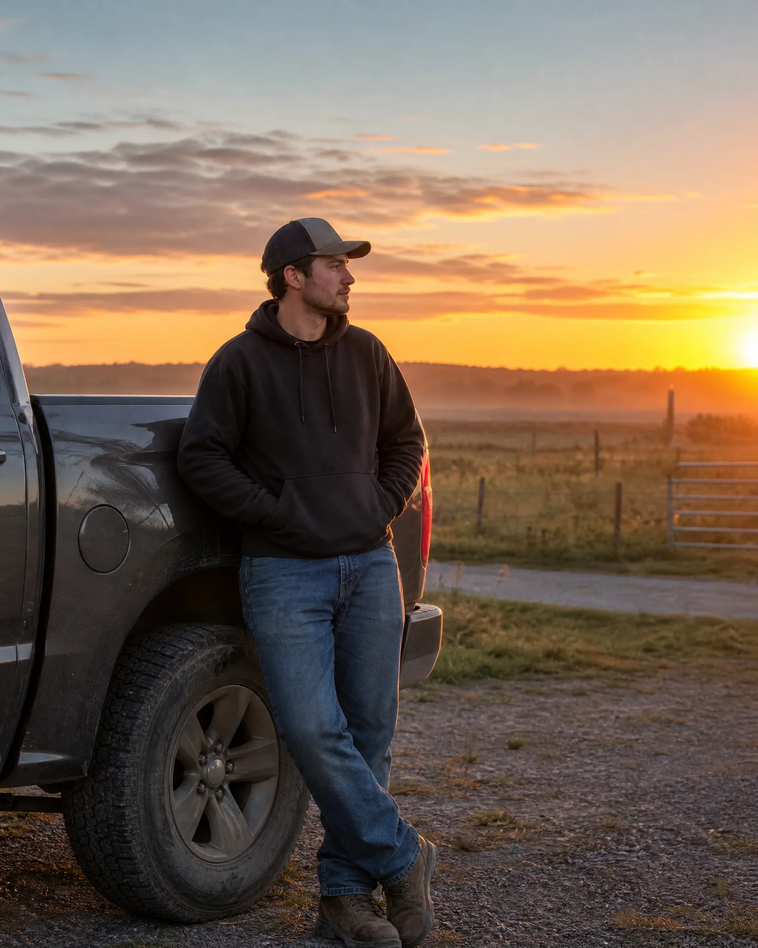 A man in a cap, dark hoodie and jeans leans against the rear fender of a pickup truck on a gravel area, looking toward a field and metal gate at sunrise.