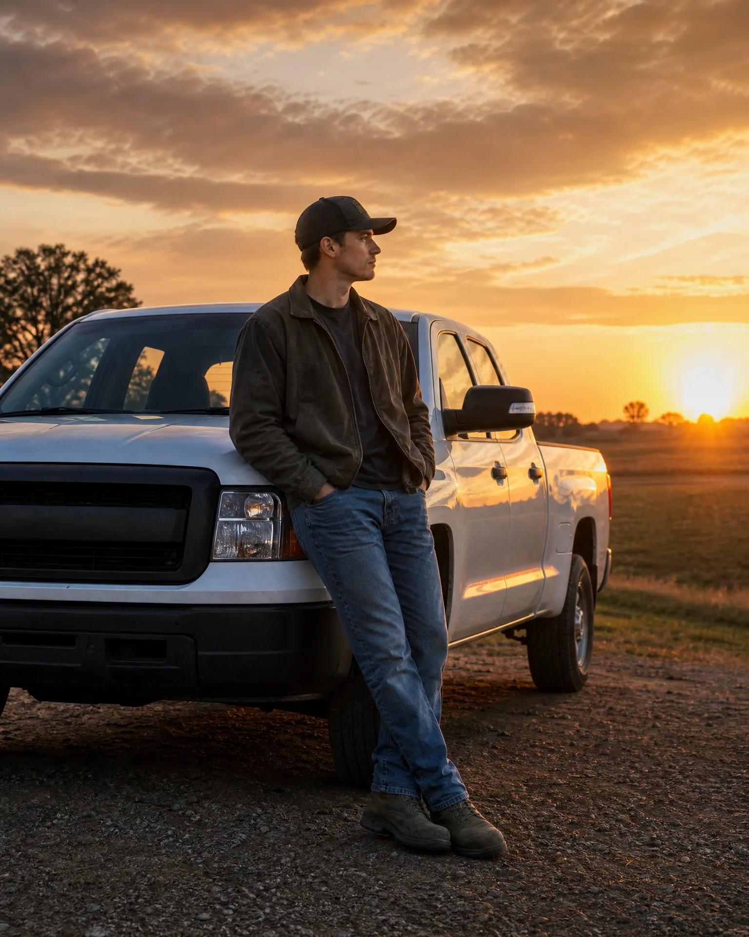 A man in a dark cap, brown jacket and jeans leans against the front fender of a white pickup truck on a gravel area at sunset, with a flat field and orange sky behind.
