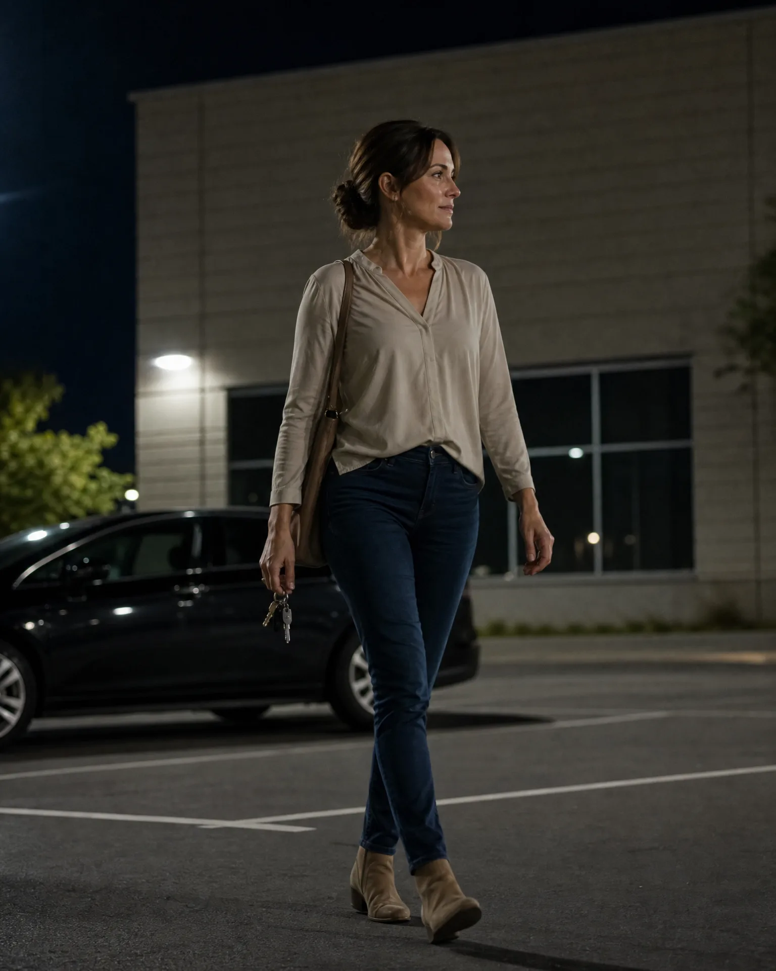A woman in a light blouse, dark jeans and tan ankle boots walks across a parking lot at night holding keys, with a dark parked car and a low building behind her.