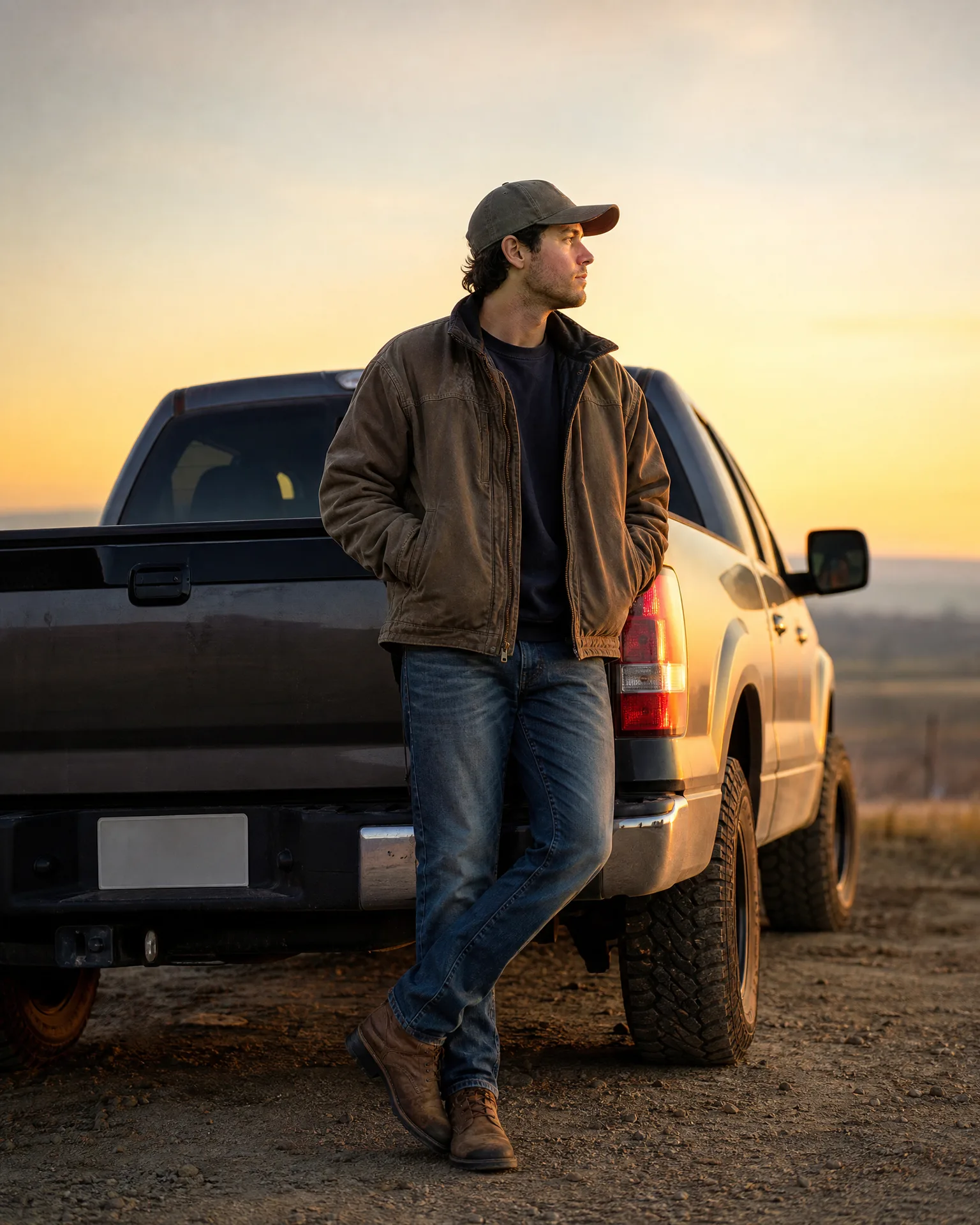 A man in a cap, brown jacket, jeans and work boots leans against the side of a pickup truck on a gravel road at sunset.