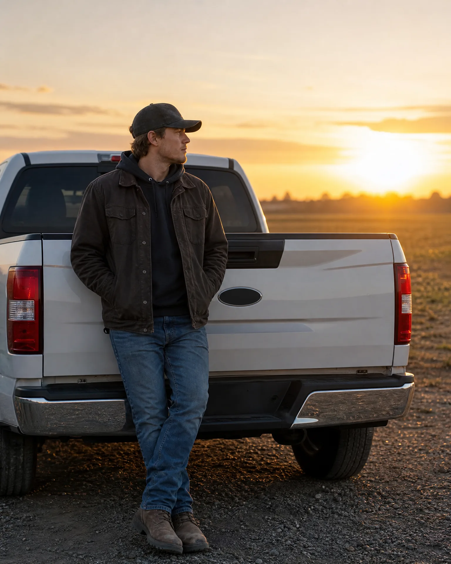 A man in a cap, brown jacket, hoodie, jeans and boots leans against the tailgate of a white pickup truck on gravel, with a flat field and setting sun behind.