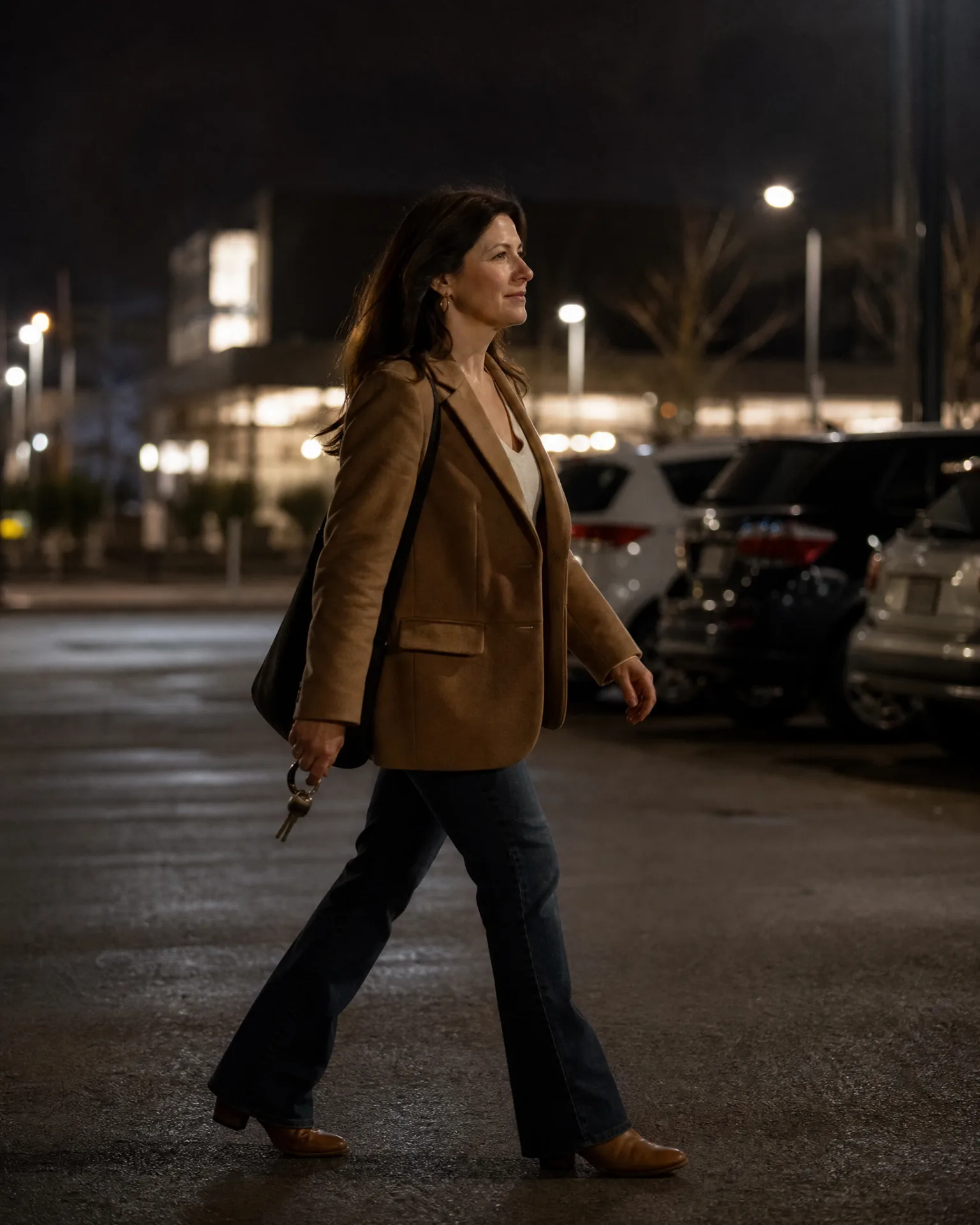 A woman in a tan blazer, jeans and brown boots walks across a parking lot at night, holding keys, with parked cars, street lights and a building blurred behind her.