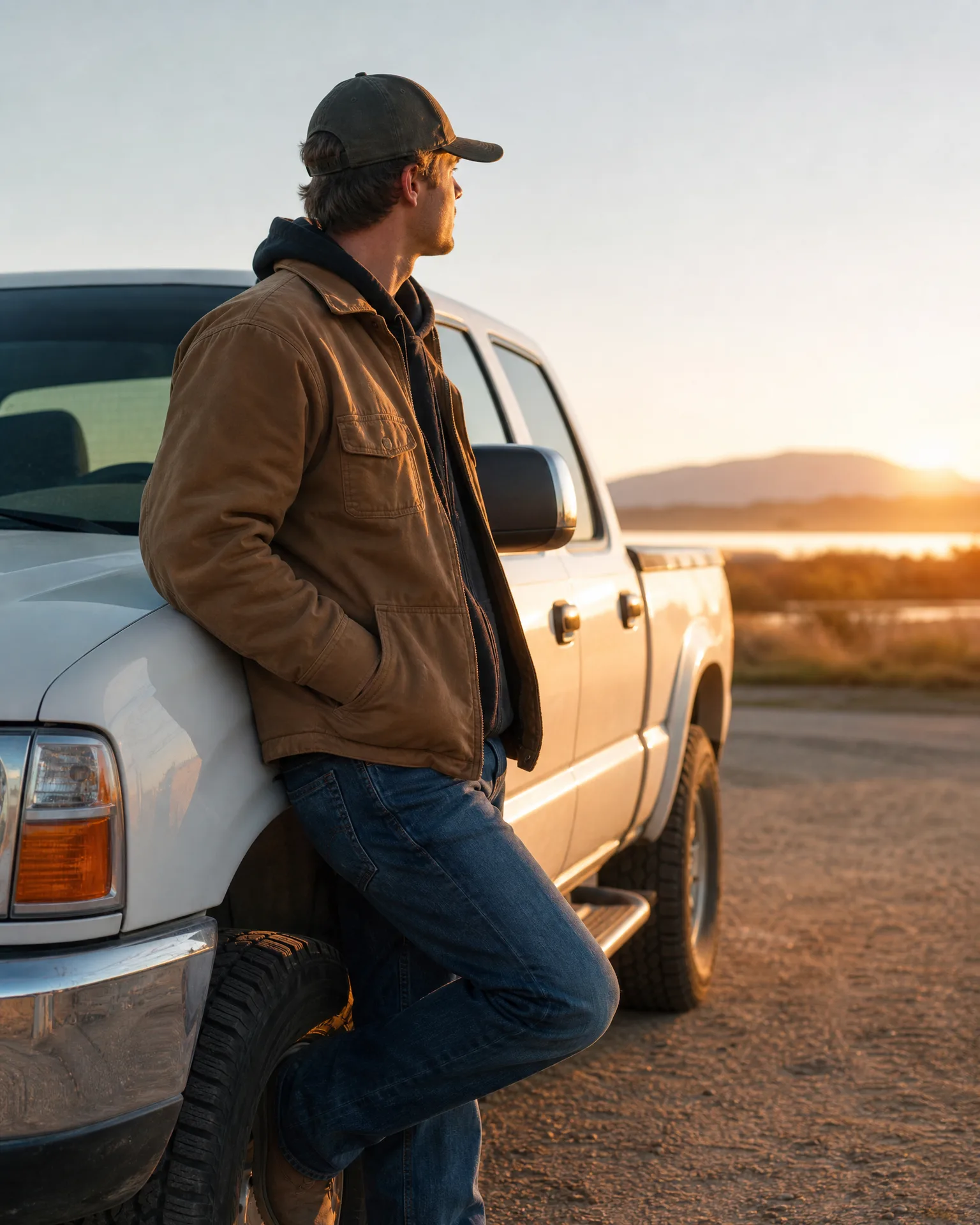 A man in a cap, tan jacket and jeans leans against the front fender of a white pickup truck on a gravel area at sunset, with distant hills and water behind.