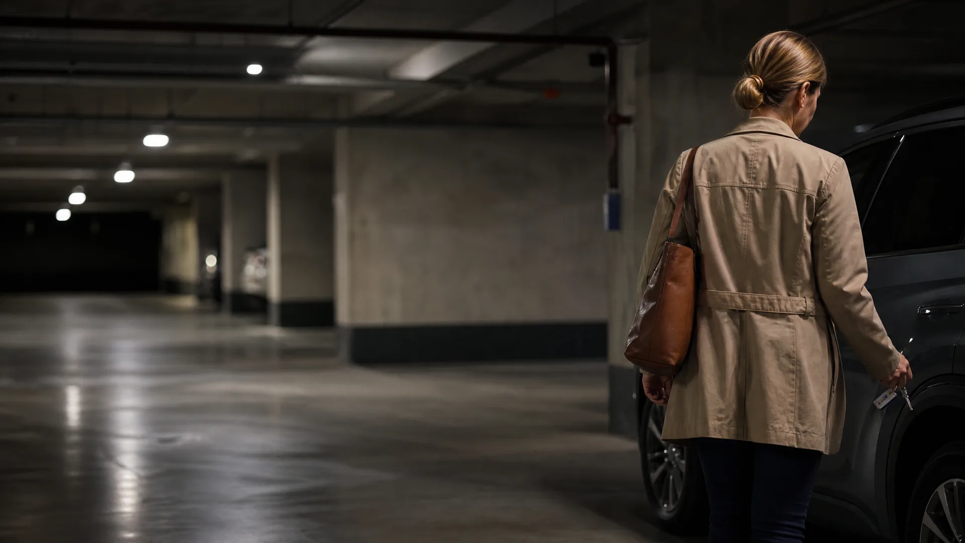 A woman in a tan trench coat with a brown leather shoulder bag walks away from the camera toward a dark SUV in a dimly lit concrete parking garage.