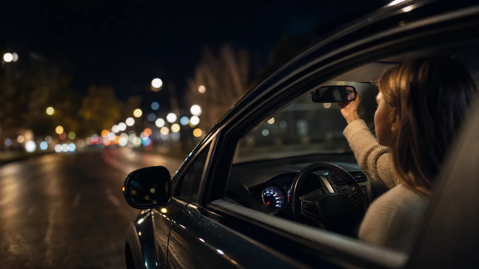 A woman seated in the driver's seat of a car at night reaches up to adjust the rearview mirror, seen from outside the open window with blurred street lights behind.