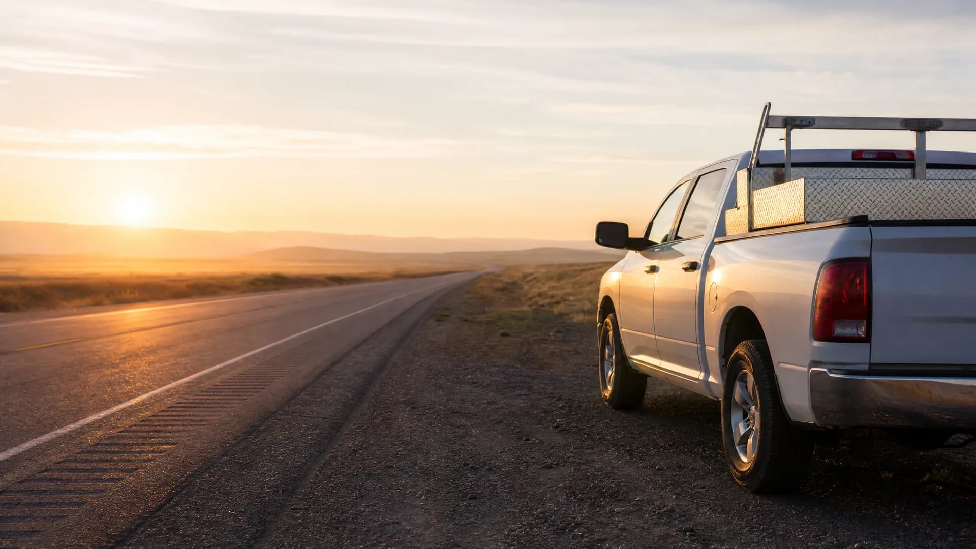 A white pickup truck with a bed rack parked on the gravel shoulder of a two-lane road in flat open grassland, with low hills and the sun near the horizon.