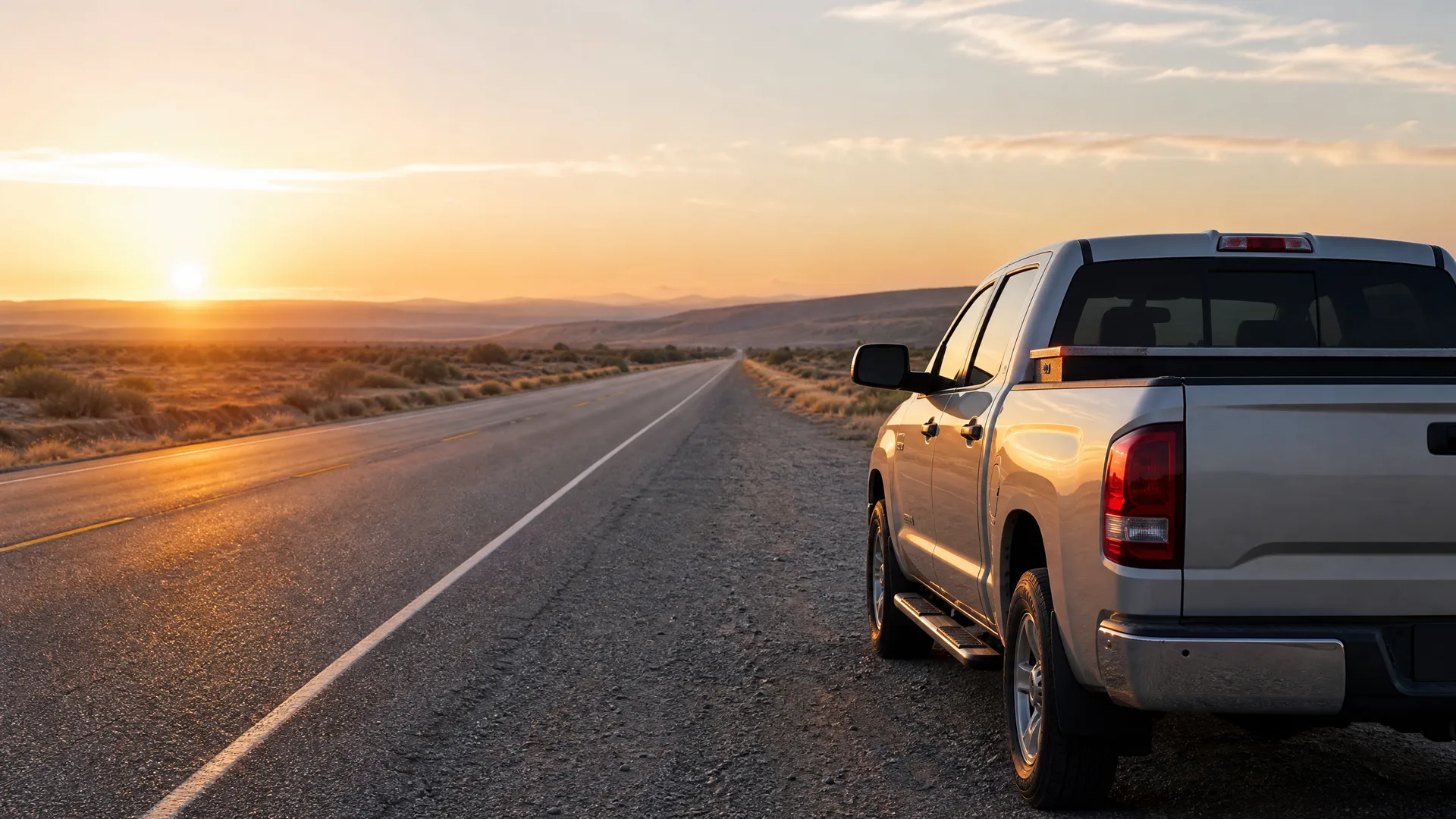 A silver crew-cab pickup truck parked on the gravel shoulder of a two-lane road in open scrubland, with the sun low on the horizon.