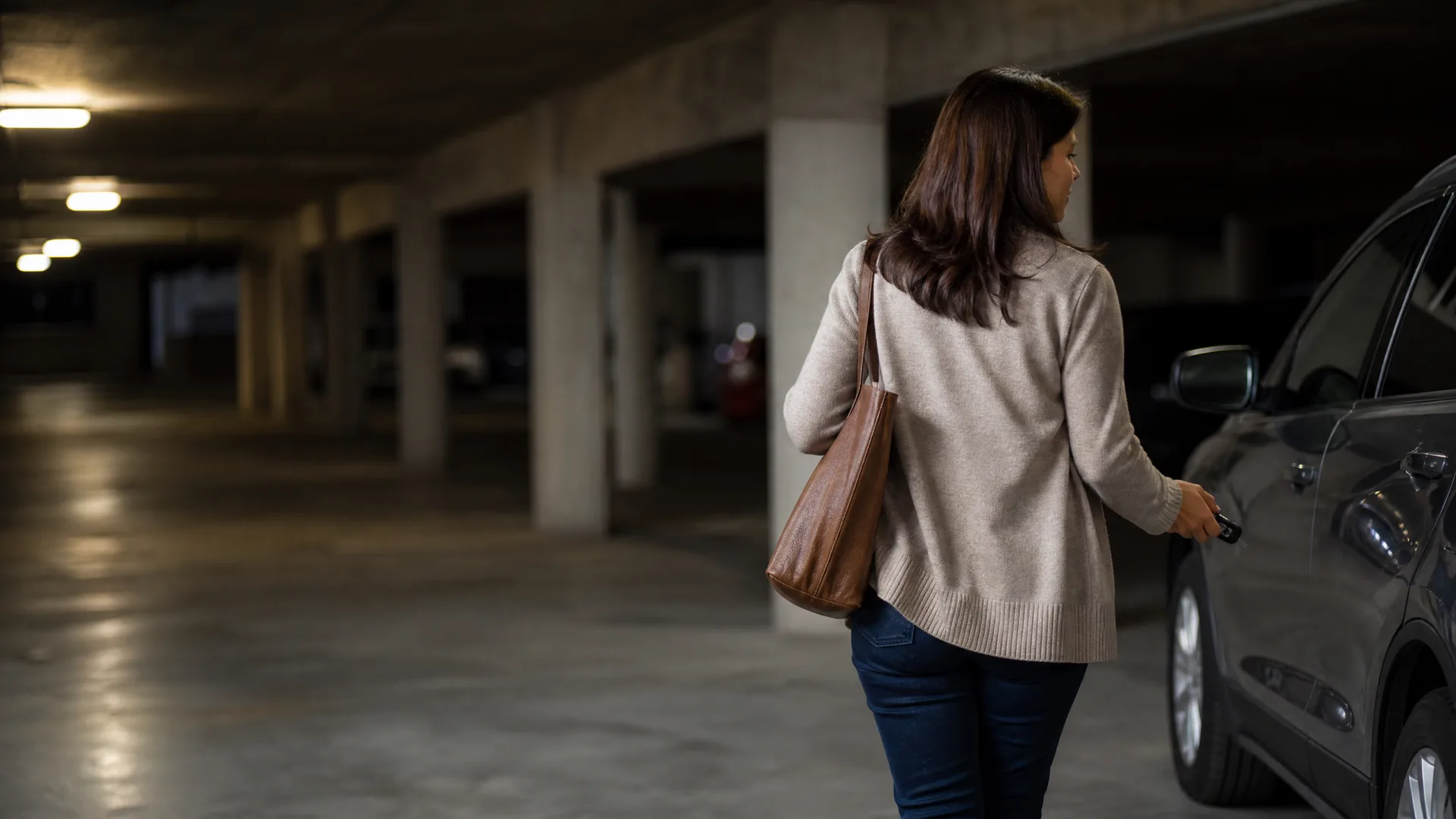 A woman in a beige cardigan and jeans with a brown shoulder bag walks toward a dark parked SUV in a dimly lit concrete parking garage, holding a key fob.