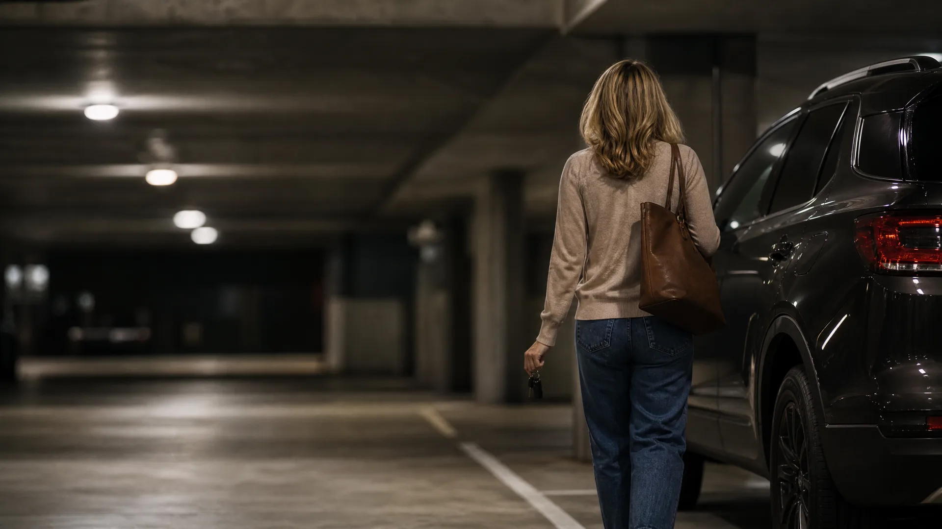 A woman seen from behind, wearing a beige sweater, jeans and a brown shoulder bag, walks through a dimly lit concrete parking garage holding keys, beside a dark SUV.