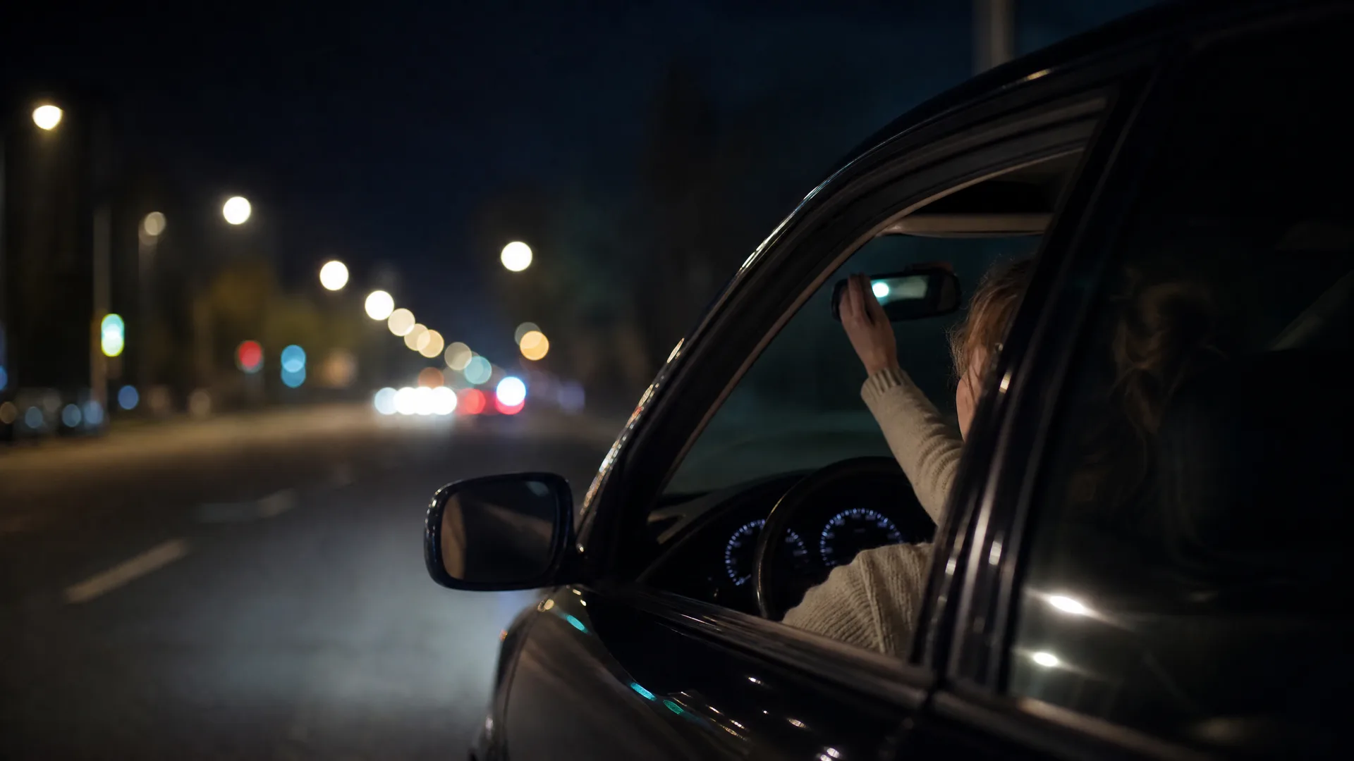 A woman seen from outside the open driver's window of a car at night, reaching toward the rearview mirror, with blurred street lights along a dark road behind.