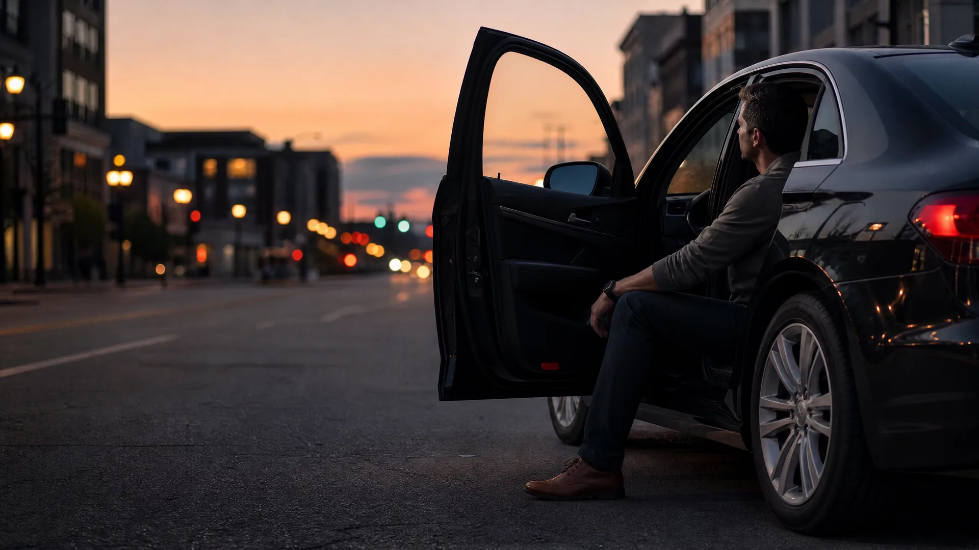A man sits sideways in the open rear doorway of a dark sedan parked on a city street at dusk, with blurred buildings and lights in the background.