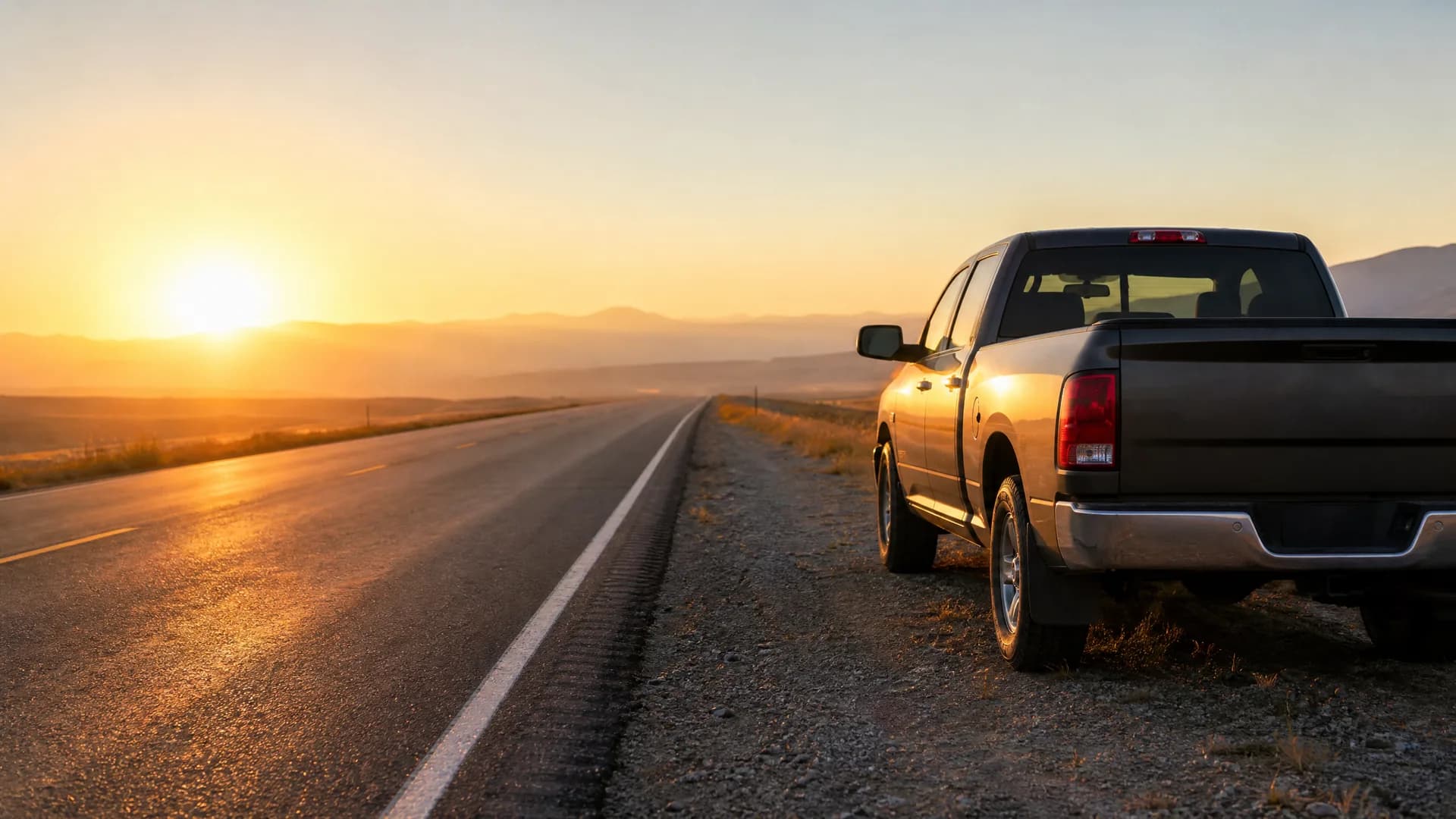 A dark pickup truck parked on the gravel shoulder of a two-lane road at sunset, with distant hills and dry grass in the background.