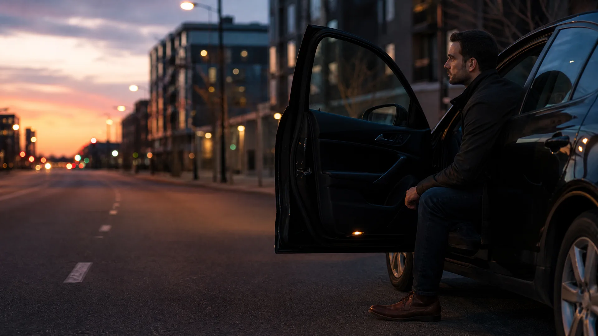 A man in a dark jacket and jeans sits sideways in the open rear doorway of a dark car parked on a city street at dusk, looking toward a sunset sky above blurred buildings and streetlights.