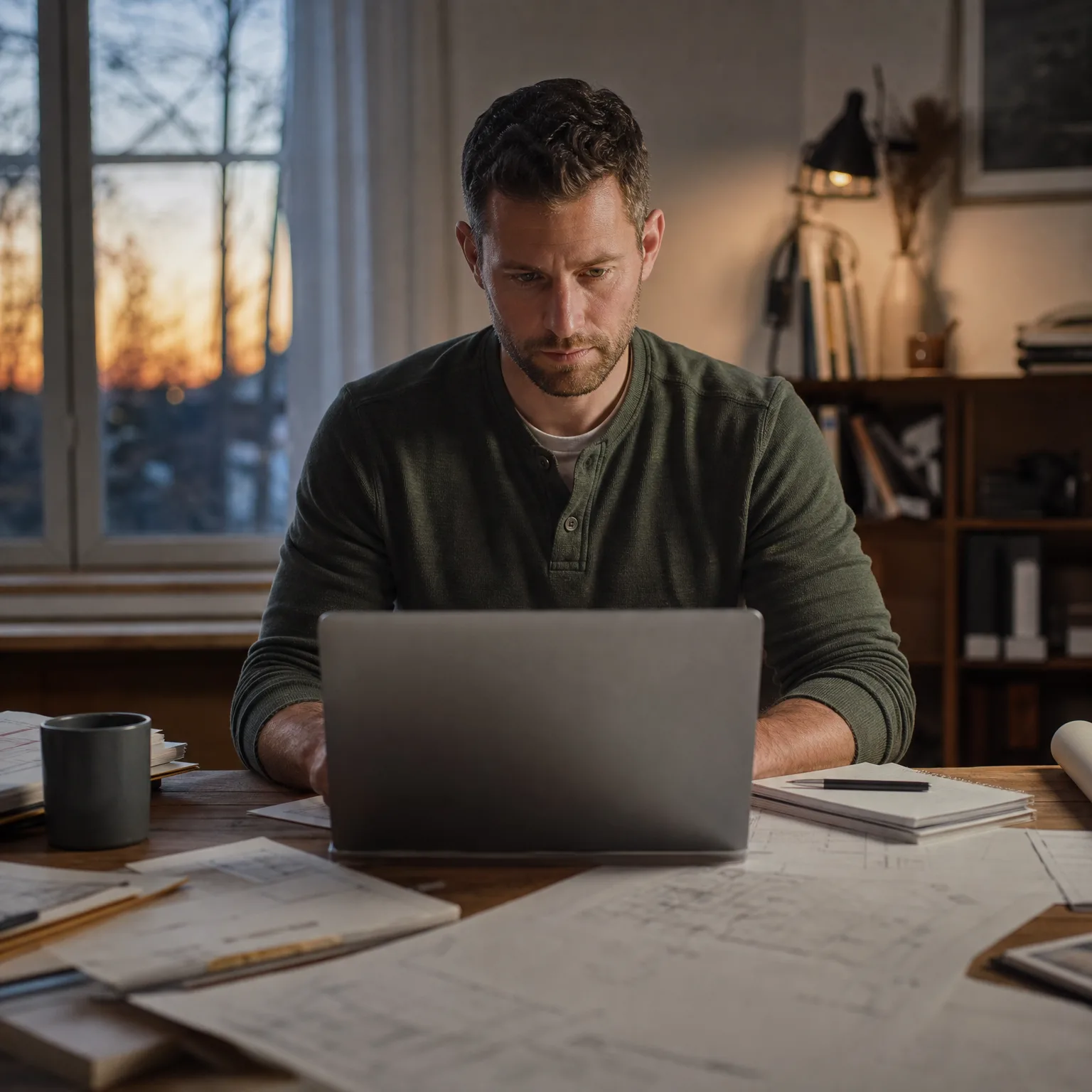 A man in a dark green henley shirt sits at a wooden desk using a laptop, with drawings, a notepad, a pen and a gray mug around him, a curtained window showing a sunset behind him and a shelf with a lamp to the right.