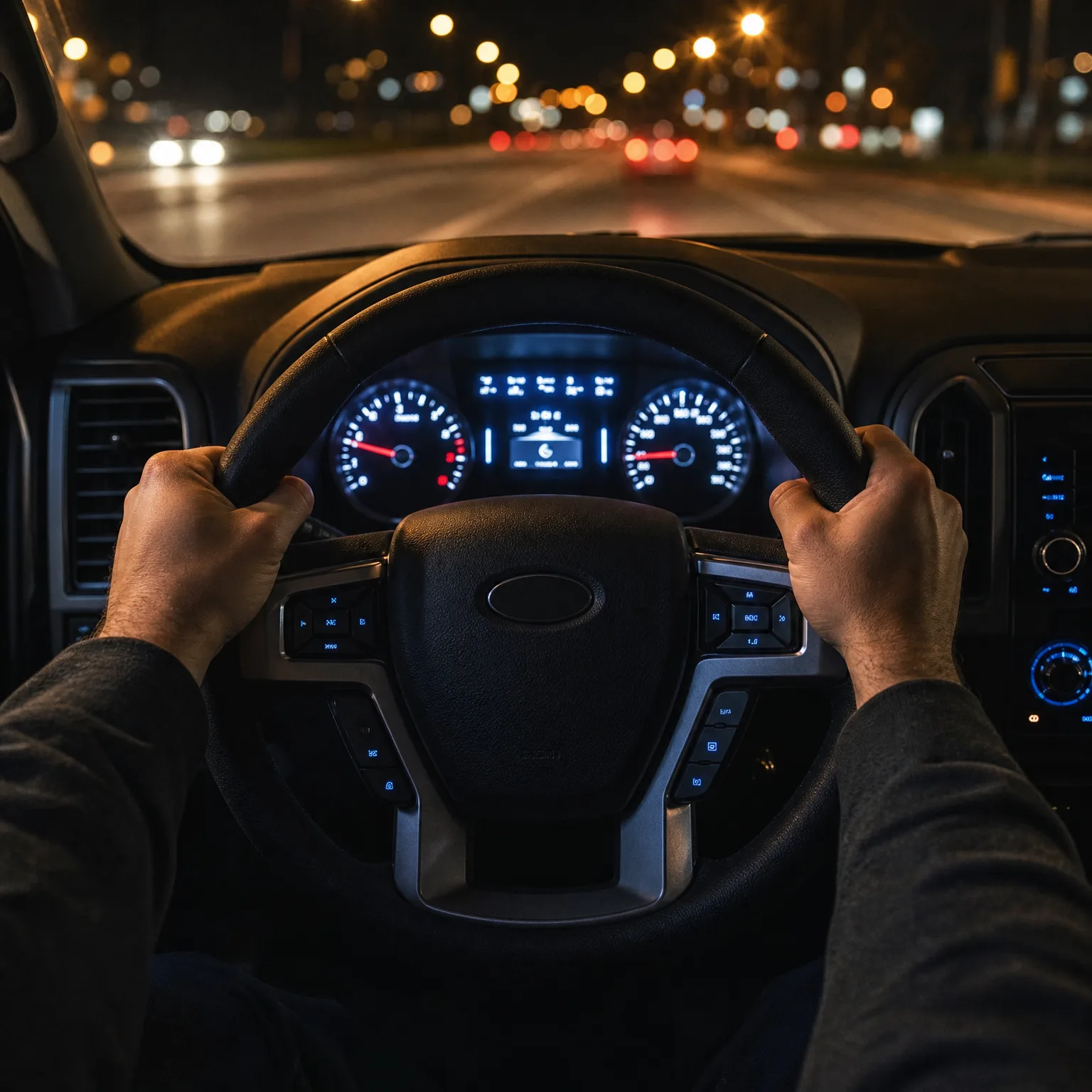 Driver's point of view at night showing two hands gripping a car steering wheel, with an illuminated instrument cluster and a road with blurred headlights and streetlights through the windshield.