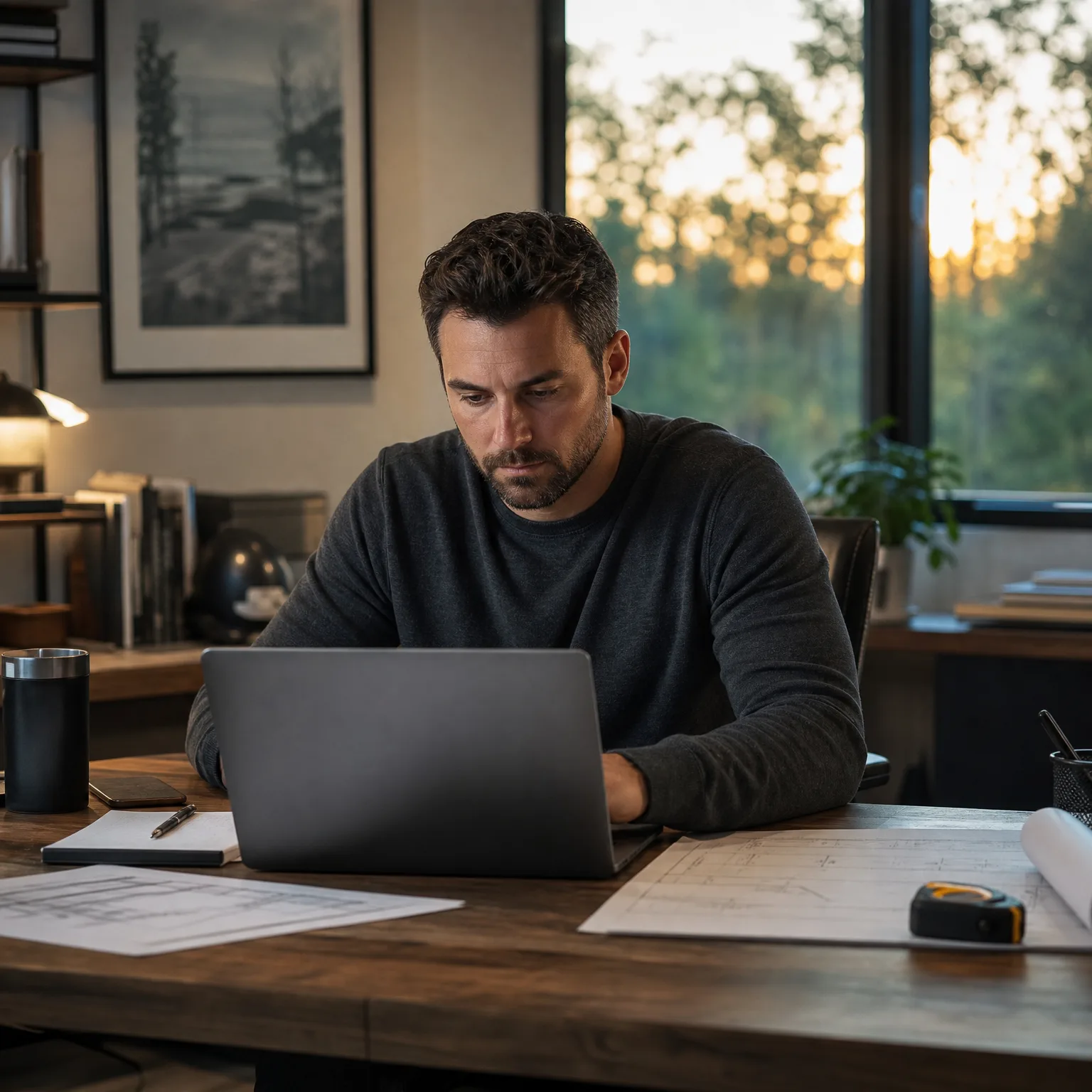 A bearded man in a dark gray sweater sits at a wooden desk using an open laptop, with printed drawings, a tape measure, a pen and a cup nearby and a window showing blurred trees at sunset behind him.