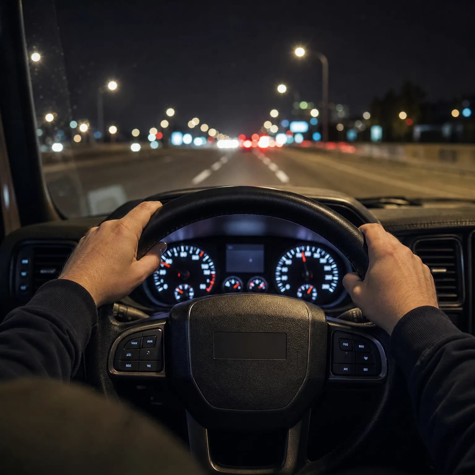 Driver's-eye view from inside a car at night, with two hands on the steering wheel, illuminated instrument dials, and a multi-lane road with blurred streetlights and taillights ahead.