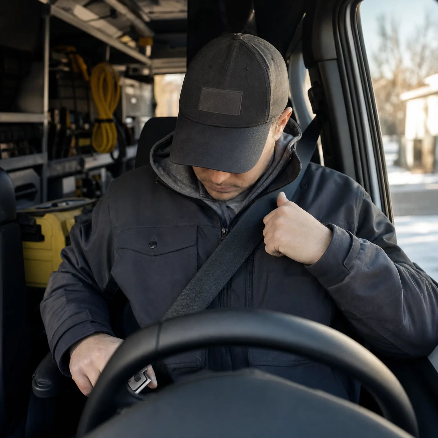 A man in a dark jacket and black cap sits in a vehicle's driver seat, pulling the seat belt across his chest, with snow and bare trees visible through the side window and yellow hoses stored behind him.