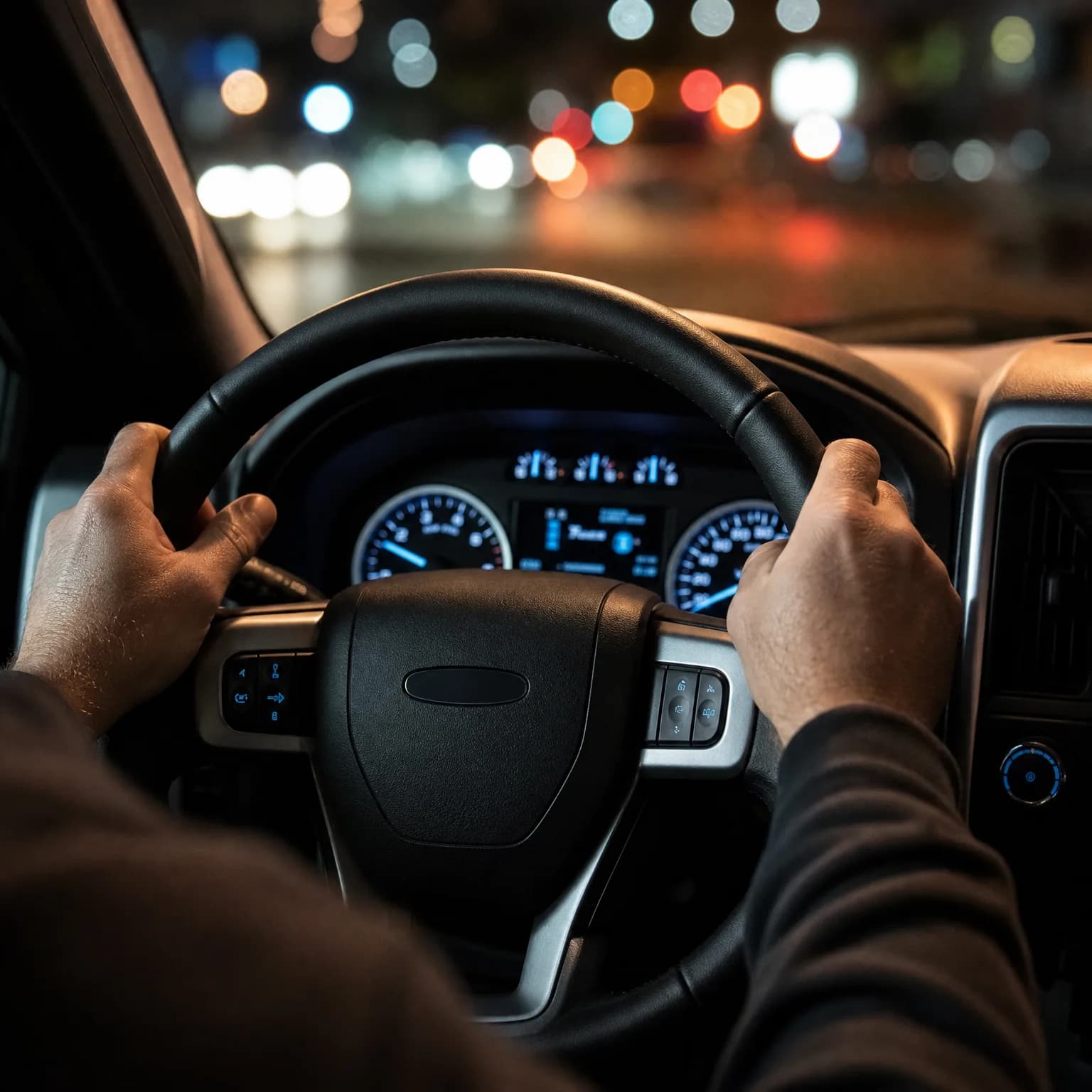 Close view from inside a vehicle at night showing two hands gripping a steering wheel, with illuminated instrument dials and blurred street lights through the windshield.