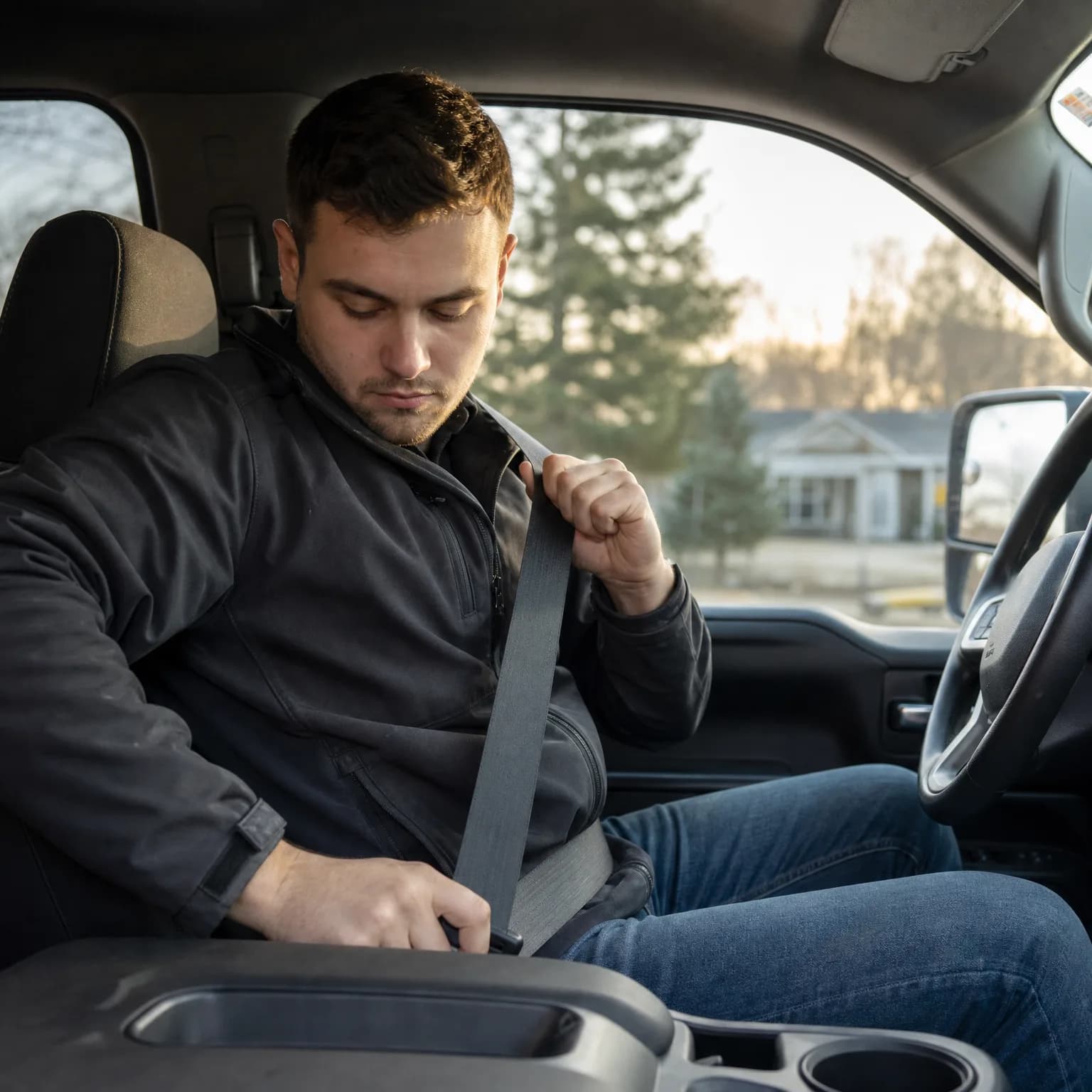 A man in a dark jacket and jeans sits in the driver's seat of a truck, pulling the seat belt across his chest toward the buckle, with bare trees and a house visible through the windows.