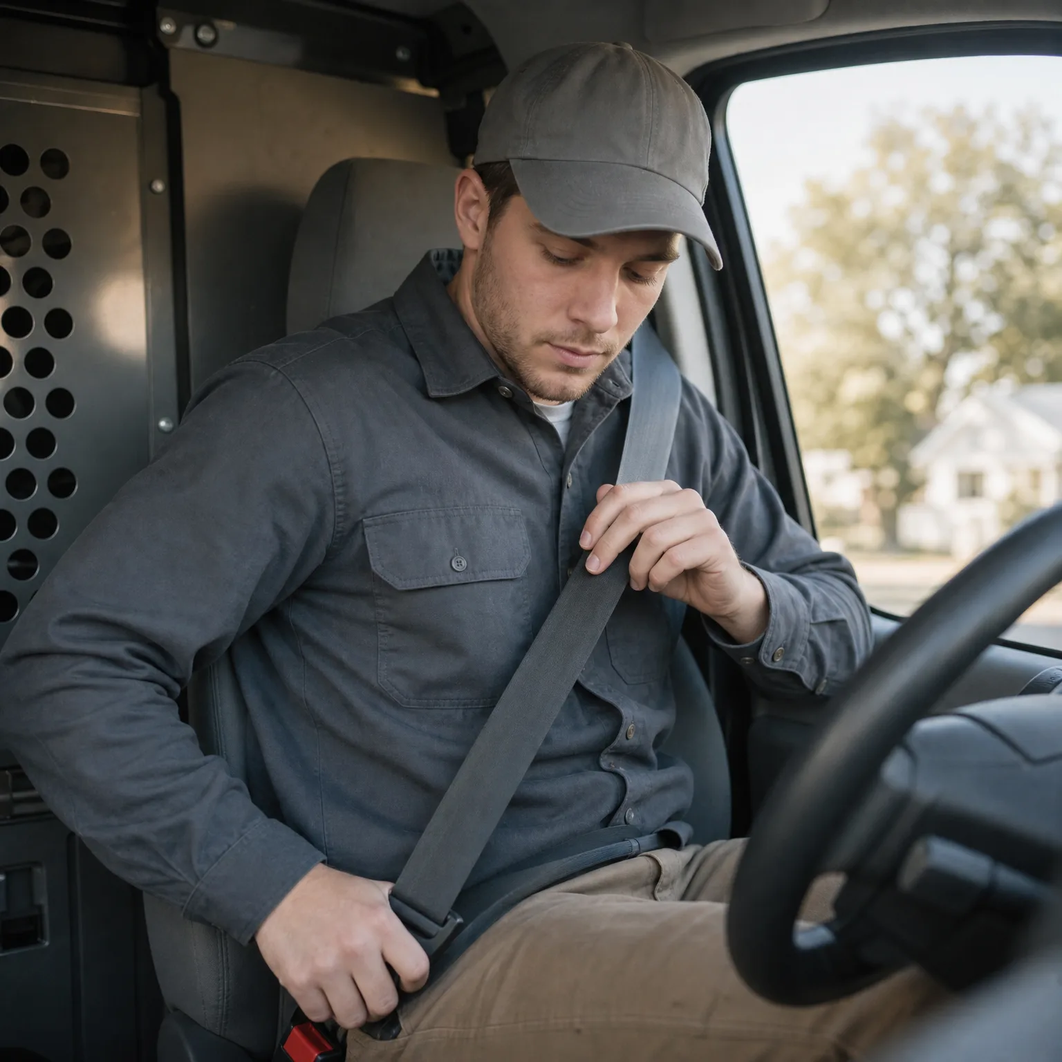 A man in a gray cap and gray button-up shirt sits in a truck cab and pulls the seat belt across his chest, with a steering wheel at right and trees and a house visible through the window.