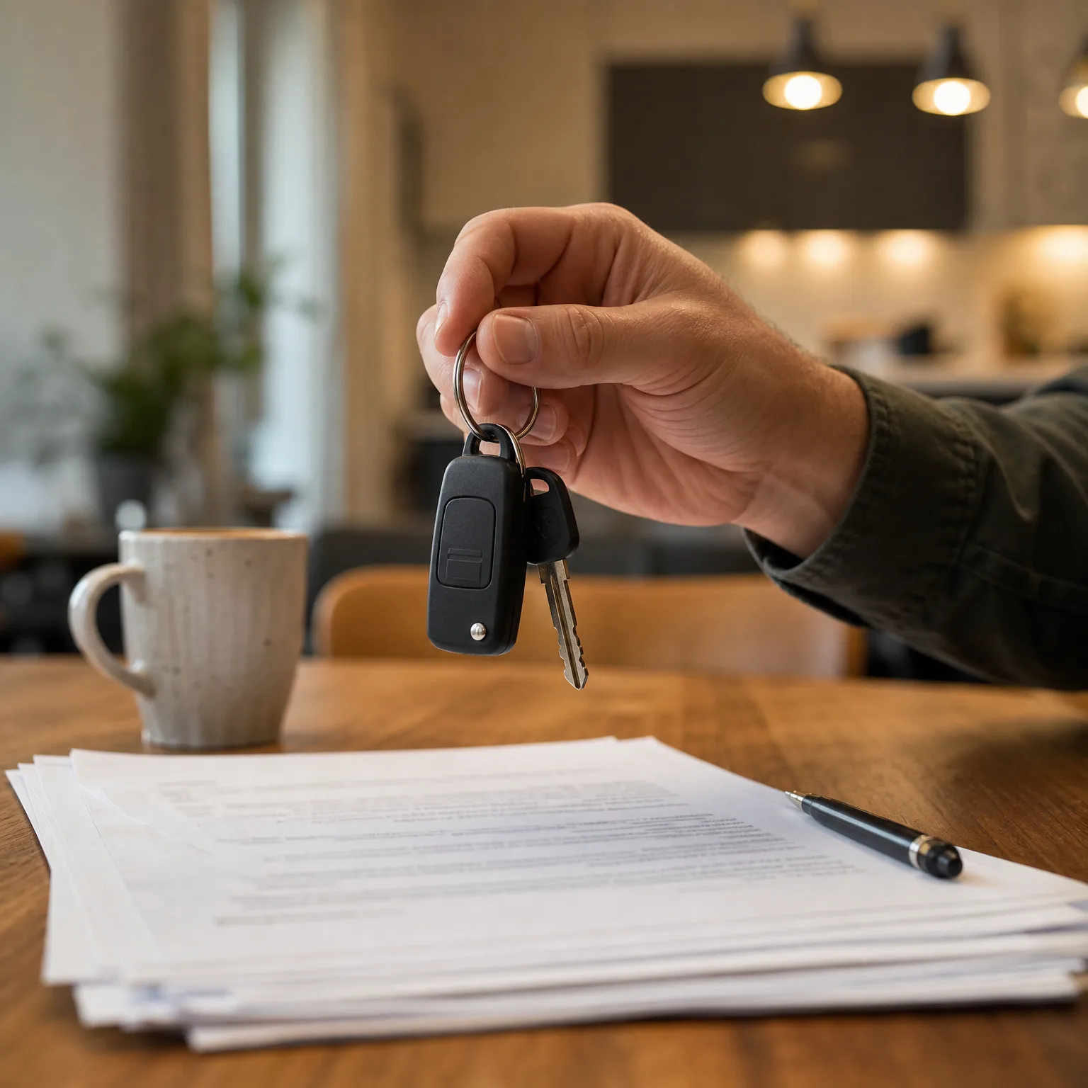 A hand holds a key with a black fob over a wooden table where a stack of printed documents, a pen, and a ceramic mug sit, with a blurred interior behind.