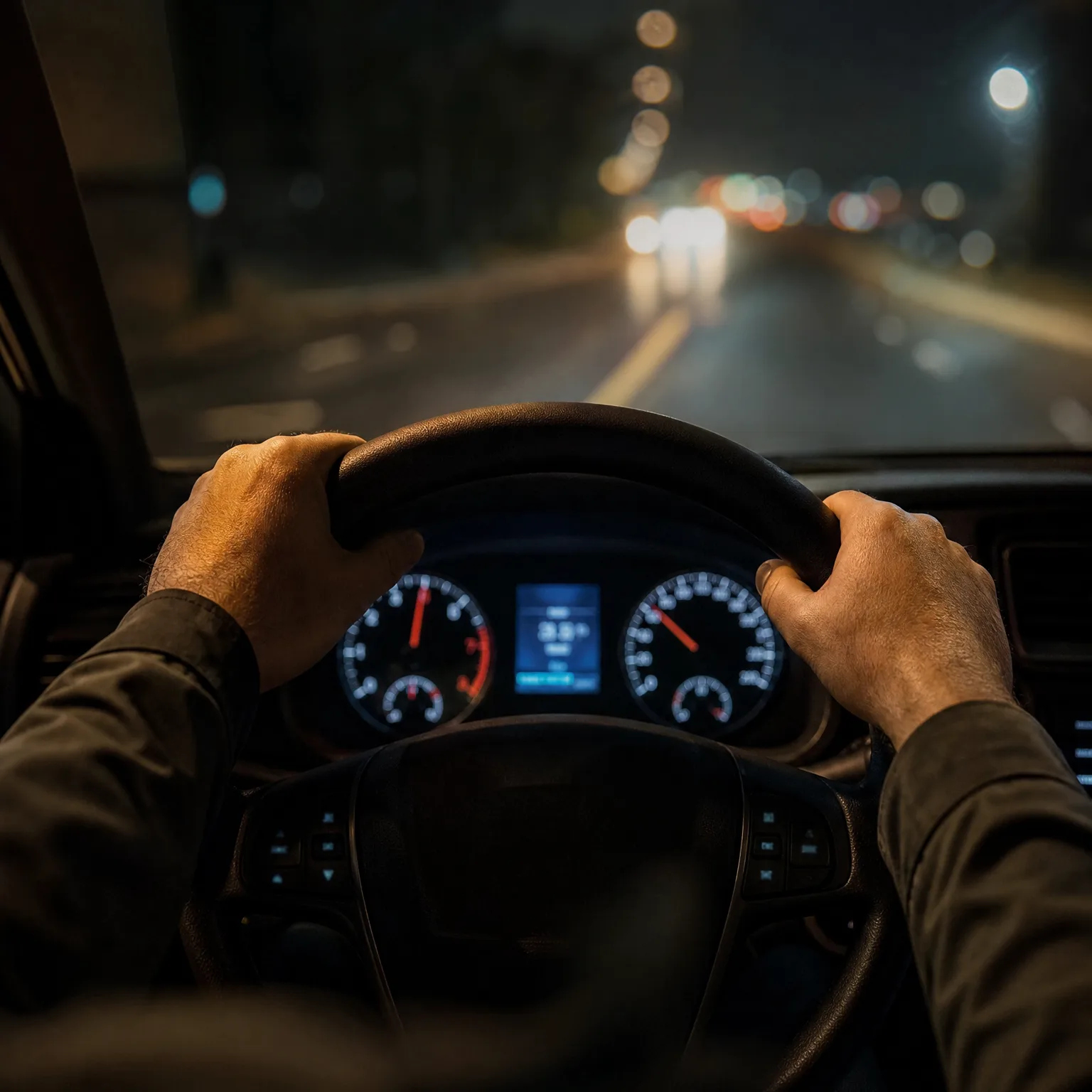 View from the driver's seat at night showing two hands gripping a steering wheel, an illuminated instrument cluster, and a dark road with oncoming headlights through the windshield.