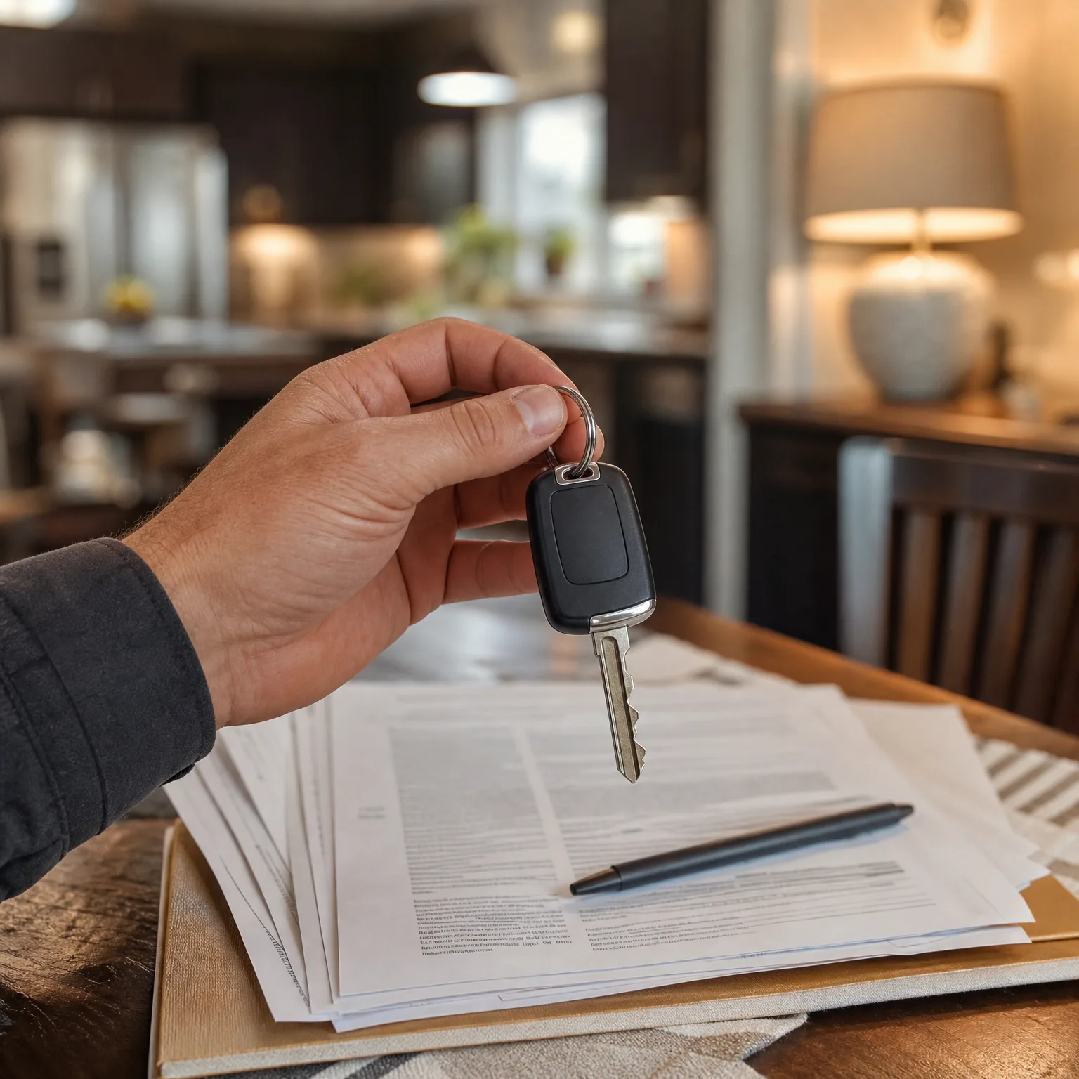 A hand holds a key with a black fob above a stack of printed documents and a pen on a wooden table, with a blurred kitchen and lit lamp in the background.