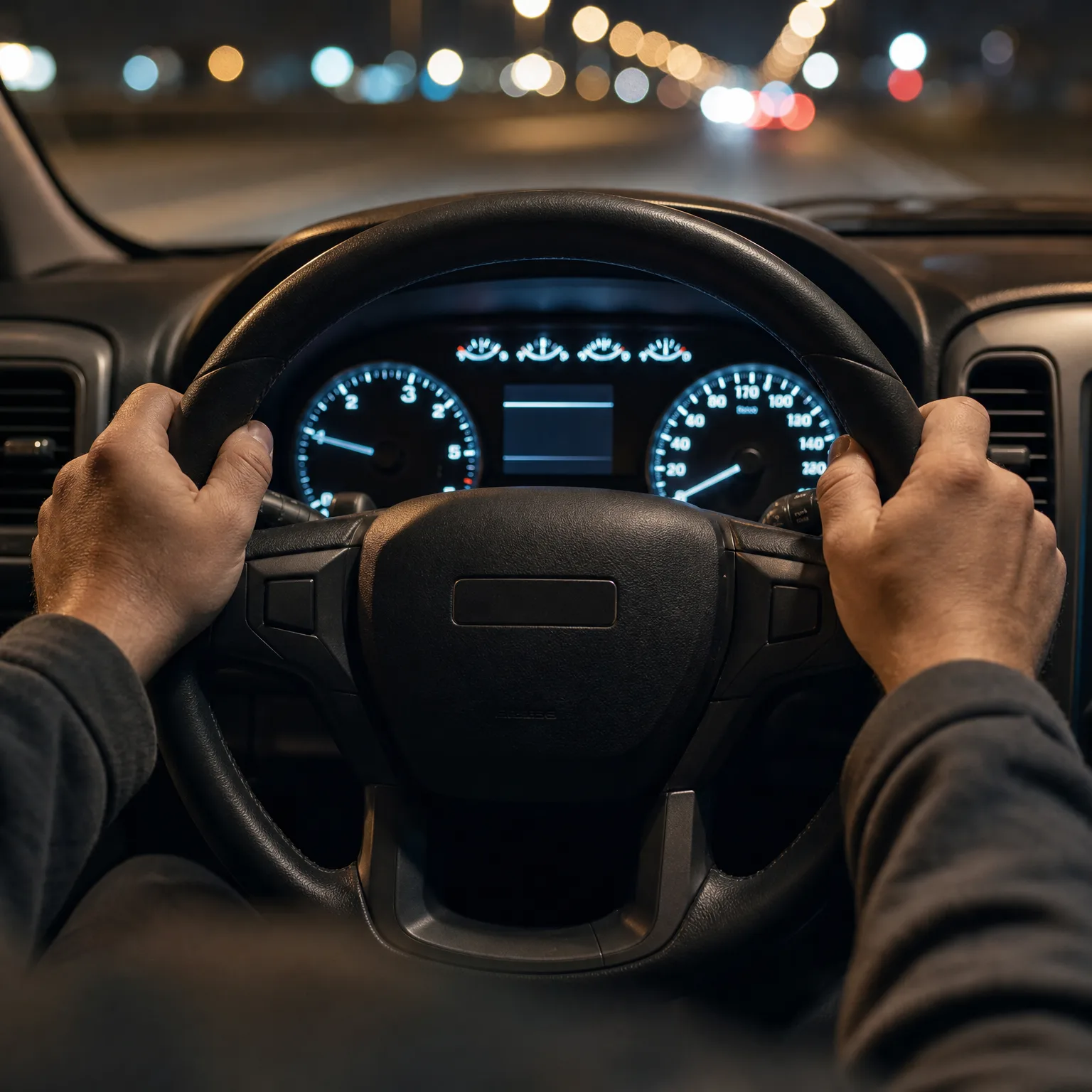 Driver's-eye view from inside a car at night, with two hands gripping the steering wheel, an illuminated instrument cluster behind it, and blurred street lights through the windshield.