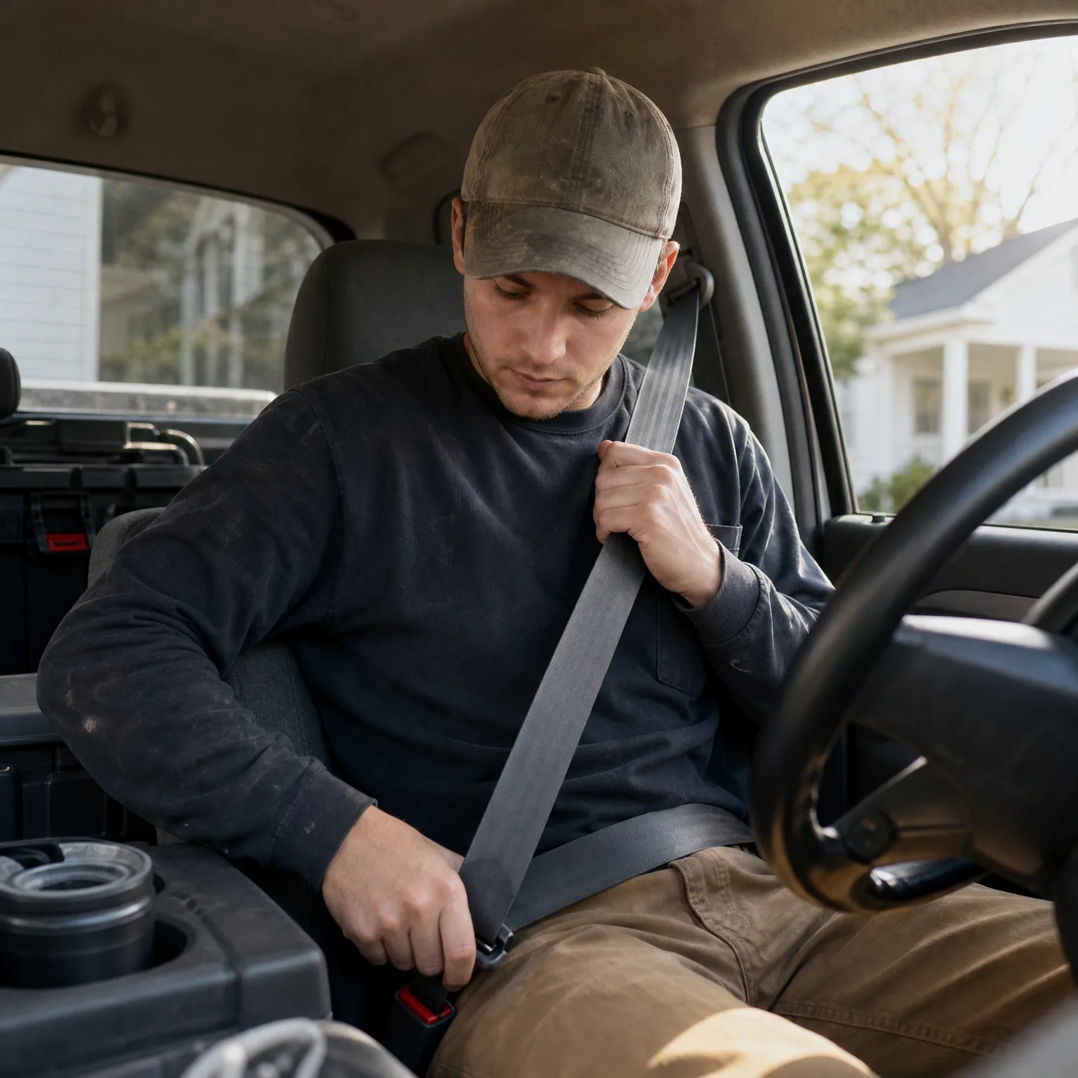 A man in a dark sweatshirt and worn cap sits in the driver's seat of a vehicle, pulling the seat belt across his chest toward the buckle, with tool cases behind him and a house and bare trees visible through the window.