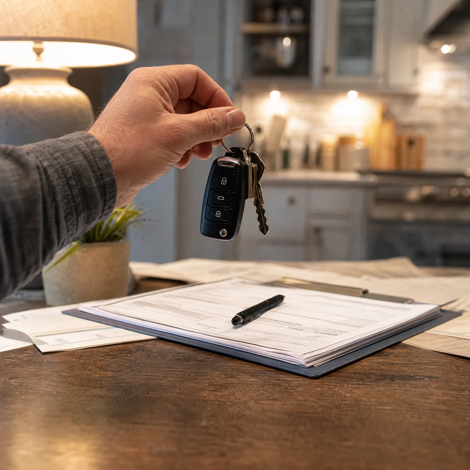 A hand holds a car key fob and keys above a table where a pen rests on a stack of documents in a clipboard, with a lamp and blurred kitchen in the background.
