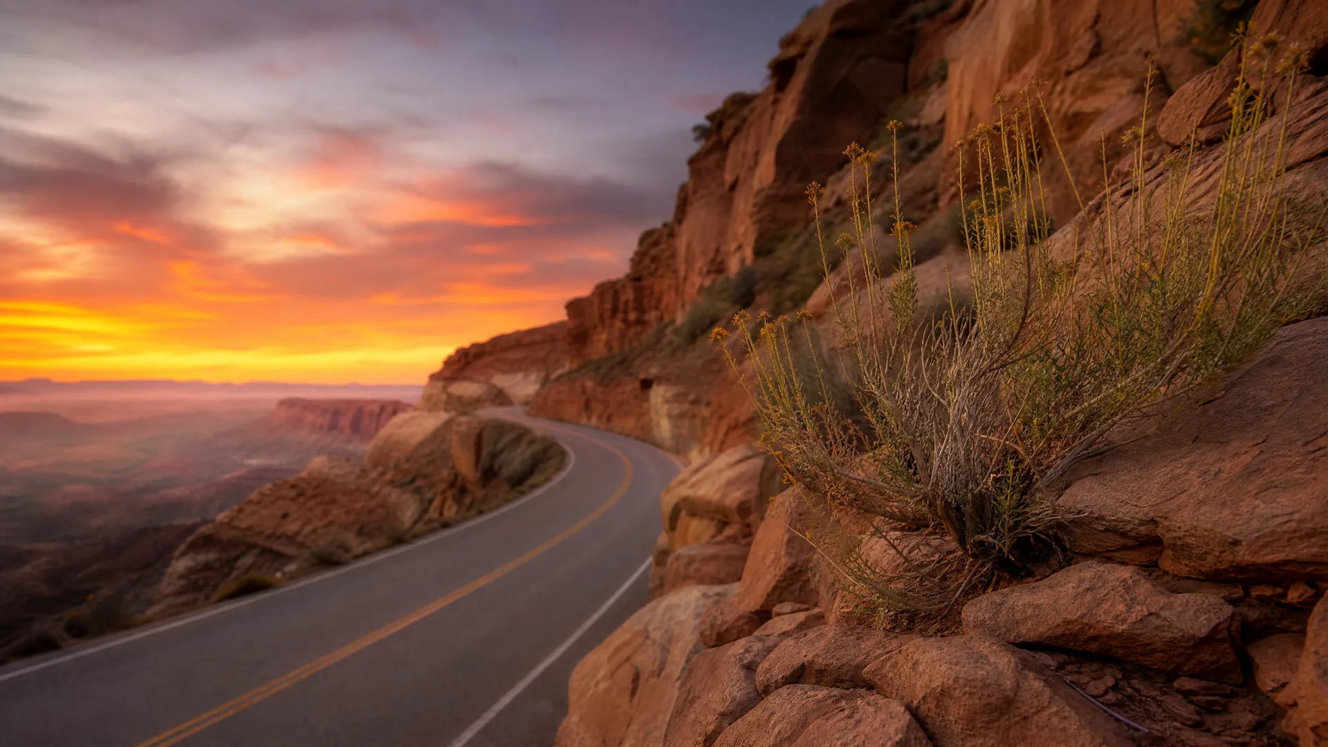 A two-lane paved road with a yellow center line curves along a red sandstone cliff, with dry shrubs on the rocks in the foreground and an orange sunset sky over a distant valley.