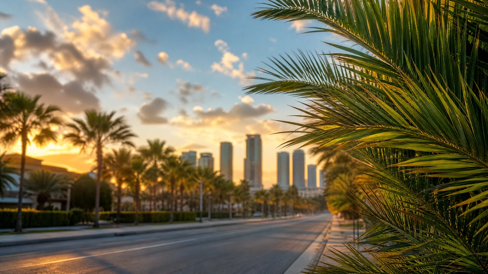 An empty multi-lane road lined with palm trees leads toward a cluster of high-rise buildings at sunset, with large palm fronds filling the right side of the frame.