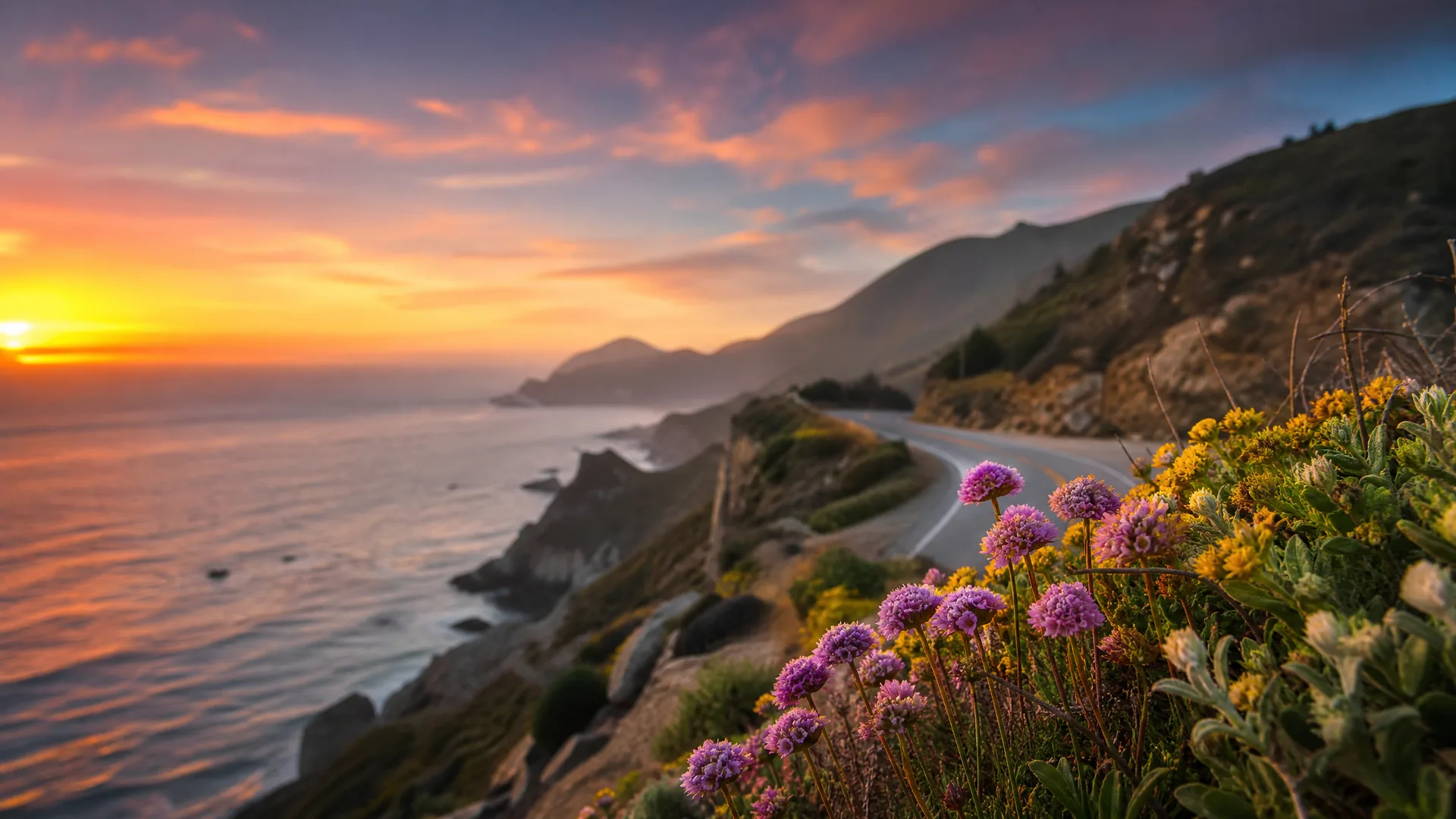 A coastal road curves along steep hillsides above the ocean at sunset, with purple and yellow wildflowers in the foreground and orange clouds over the water.