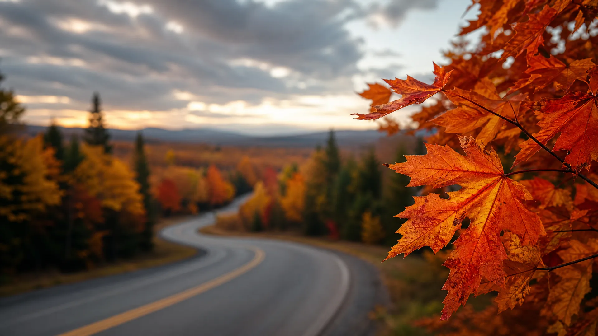 A curving two-lane paved road with yellow center lines winds through mixed forest in autumn color, with orange maple leaves in sharp focus at the right foreground and distant low hills under a cloudy sky at dusk.
