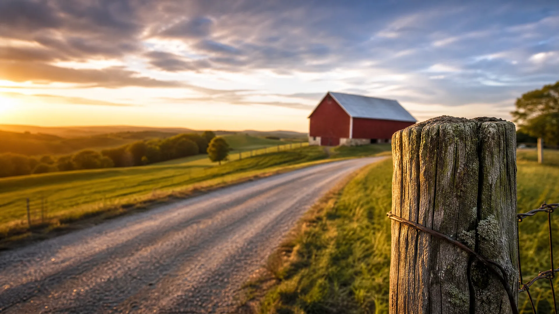 A gravel road curves past grassy fields toward a red barn with a light-colored roof at sunset, with a weathered wooden fence post and wire in sharp focus in the right foreground.