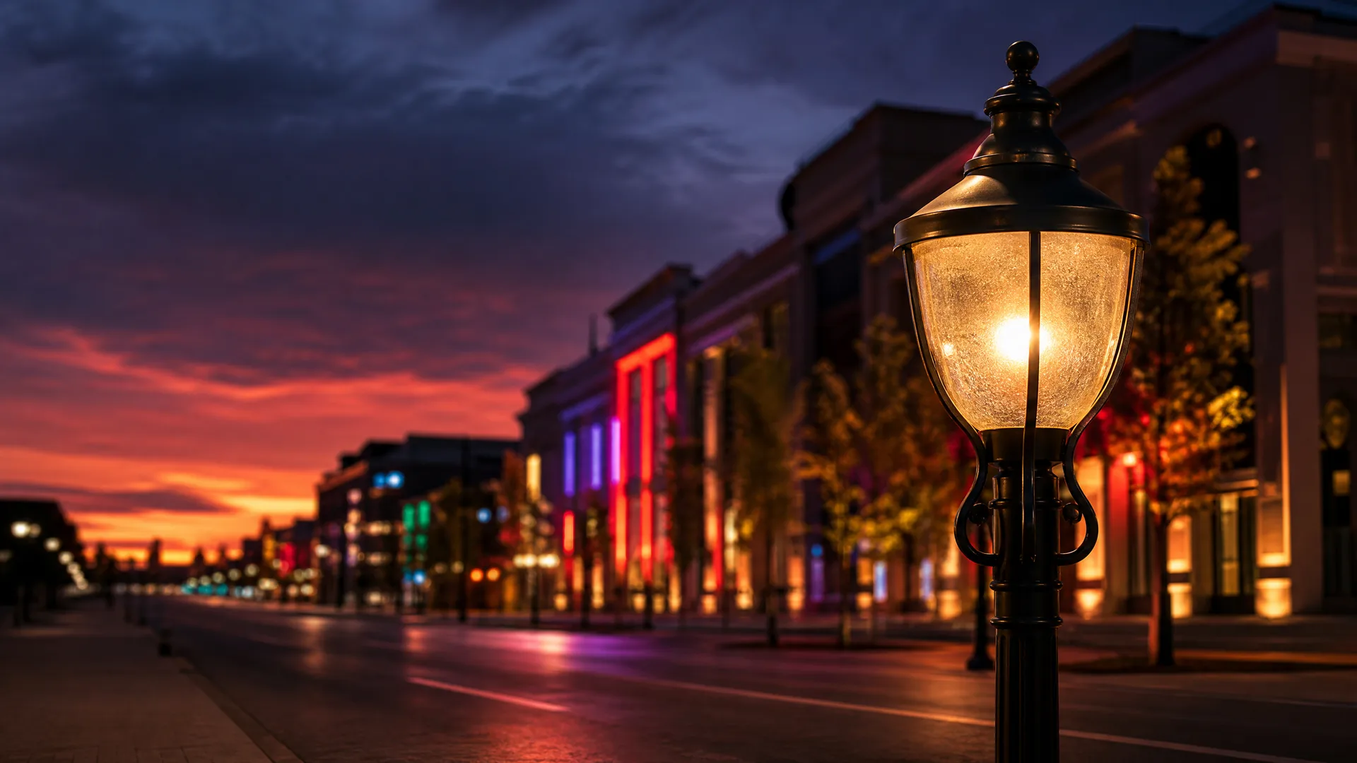 An illuminated ornate street lamp in the foreground along an empty city street at dusk, with colorfully lit building facades and an orange and purple sky.