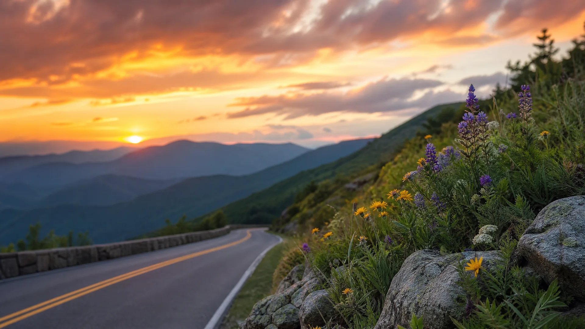 A curving two-lane road with yellow center lines runs along a ridge at sunset, with purple and yellow wildflowers and rocks in the foreground and layered mountains under an orange sky in the distance.